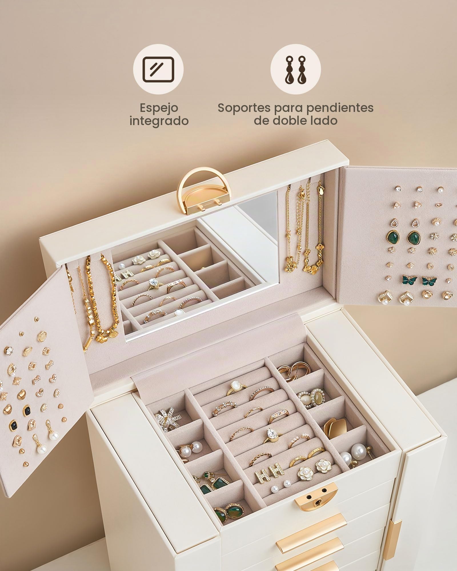 Lolalet Caja Organizadora de Joyas Grande 6 niveles con Espejo Beige | con Cerradura, para Anillos, Pendientes, Pulseras, Collares y Relojes. Ideal para Hogar y Regalos para Mujeres