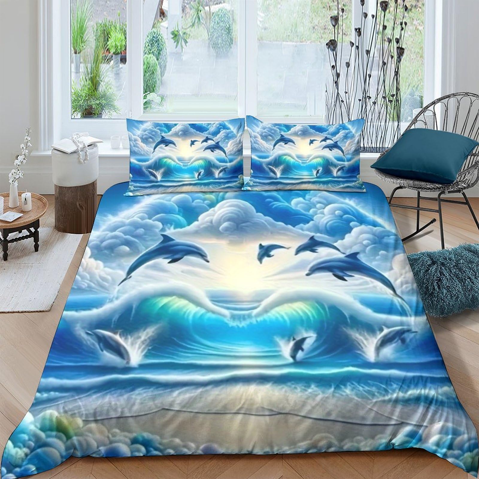Tyuiopasdfg Colorful-10 Teen Dolphin Ocean Duvet Cover Set Microfiber 3 Piece Bedding Set Wave Pattern Zipper Closure Double（200X200cm）