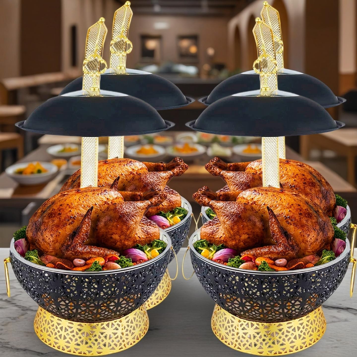 Black Chafing Dishes for Buffet,8Qt Luxury Chafing Dishes with Hanging,Elegant Hollow-Out Buffet Warmer for Weddings, Parties, Catering & Events,4 Packs