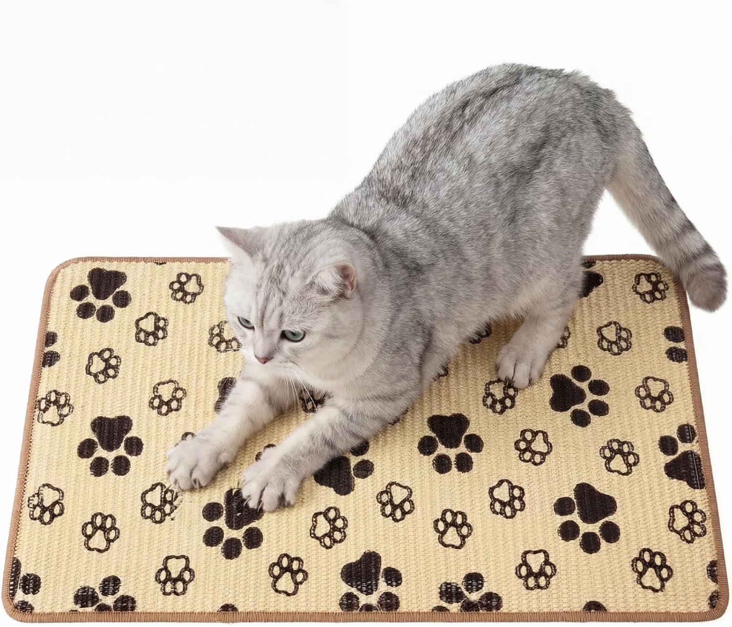 2 Pcs Cat Scratcher Mat Natural Sisal Rug with Cute Paw Print Cat Scratch Scratching Pad Protector for Indoor Floor Wall Couch Furniture with Self-Adhesive Tape 24 x 16 Inch