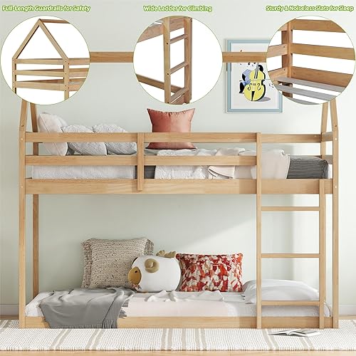 Miniatura 138 de Litera baja individual sobre individual, base de cama de madera maciza con escalera y barandillas de seguridad, literas individuales para niños y