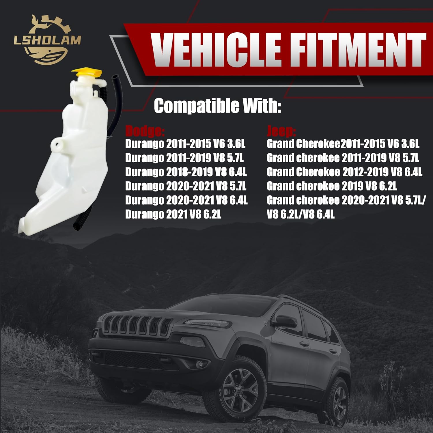 603-630 Coolant Reservoir with Cap & Tubing for 2011-2021 Dodge Durango Jeep Grand Cherokee - Replaces 68251851AA - Fits 3.6L V6 & 5.7L/6.2L/6.4L V8 Engines