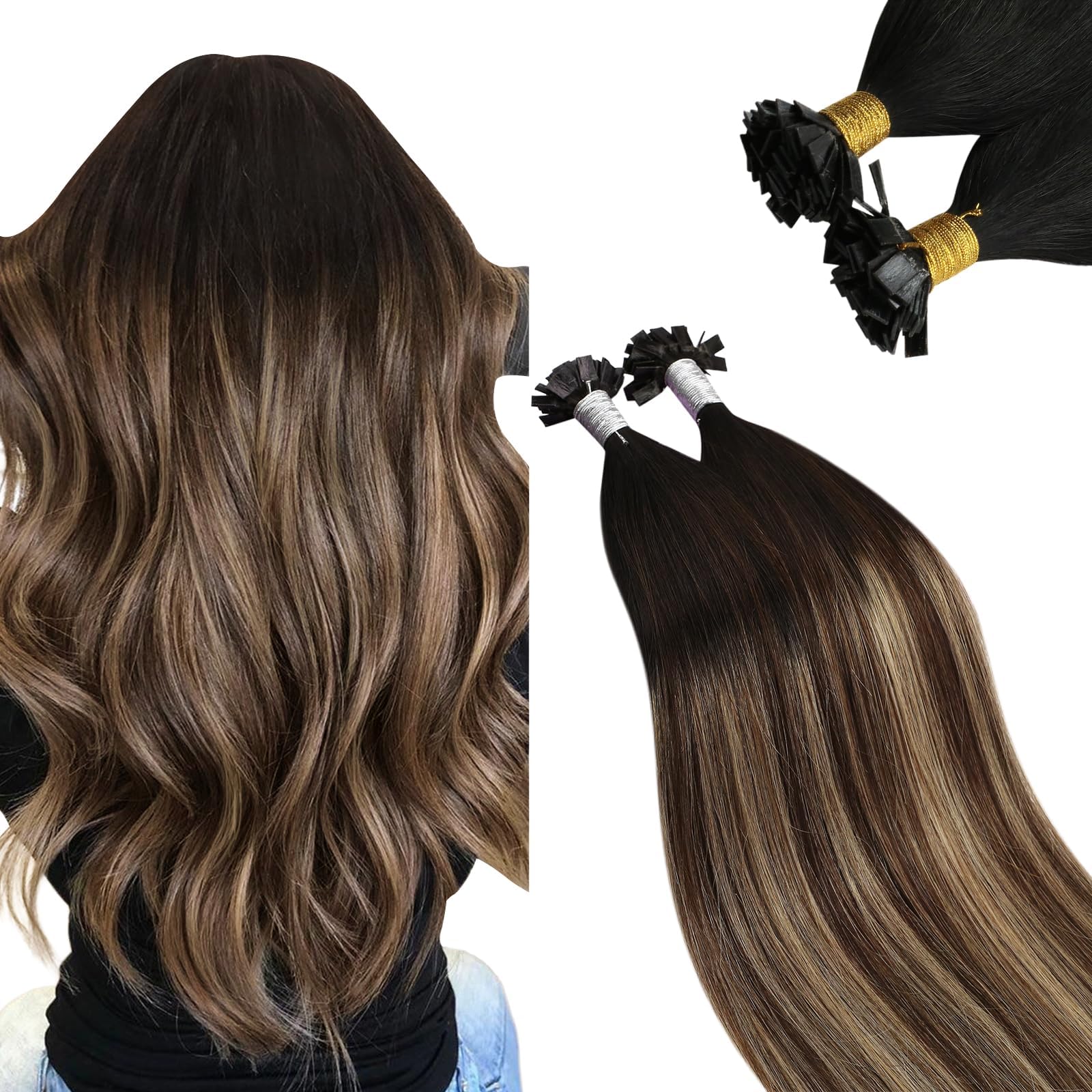 Ugeat Przedłużanie Włosów Płaska Końcówka, Włosy Ludzkie, Balayage Naturalna Czerń do Crązu, 35cm 50 sztuk 50g, Przedłużanie Włosów Keratyna Blond, Remy Naturalne Proste