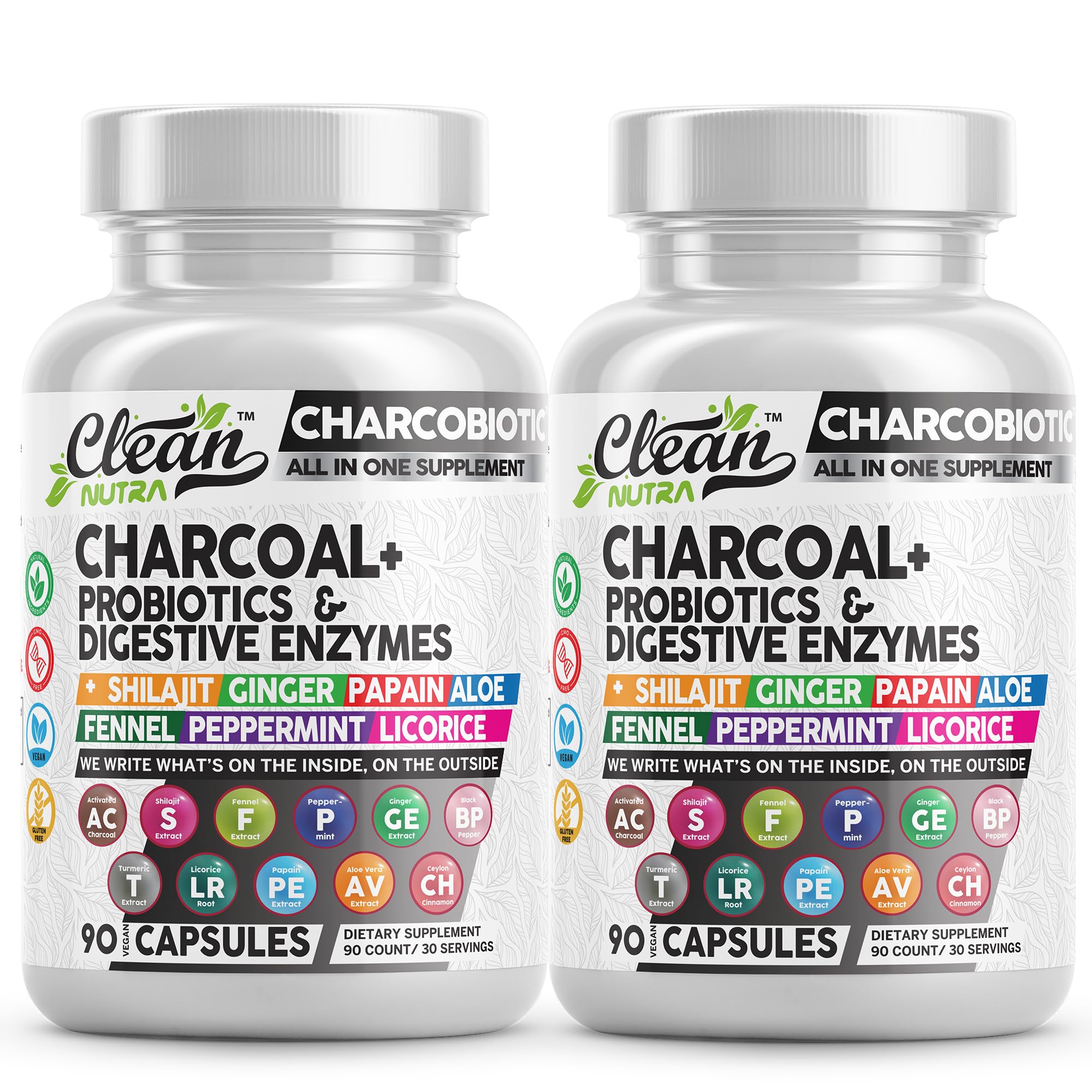 Clean Nutra Activated Charcoal Pills + Shilajit Probiotic Digestive Enzymes for Digestive Health Capsules with Peppermint Fennel Licorice Papain Ginger Turmeric Powder | Gut Health (Pack of 2) 90 Count (Pack of 2)