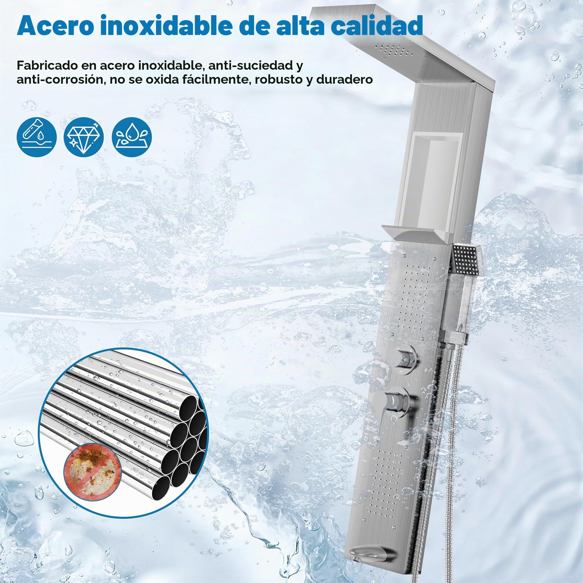 Froadp Panel de lluvia, sistema de 5 funciones, montaje en pared, juego de ducha con ducha de mano y masaje