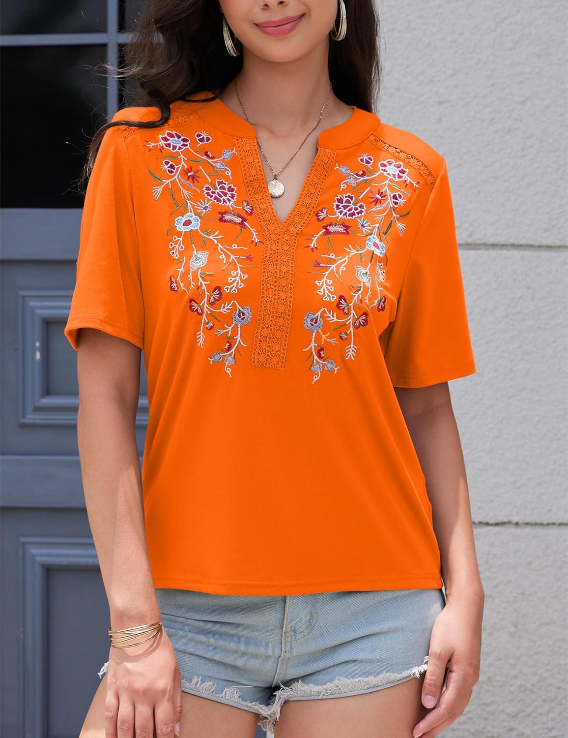 Mexican Shirts for Women Embroidered Tops Traditional Summer Blouse Floral Tunic V Neck Short Sleeve T Shirt Orange - Image 5
