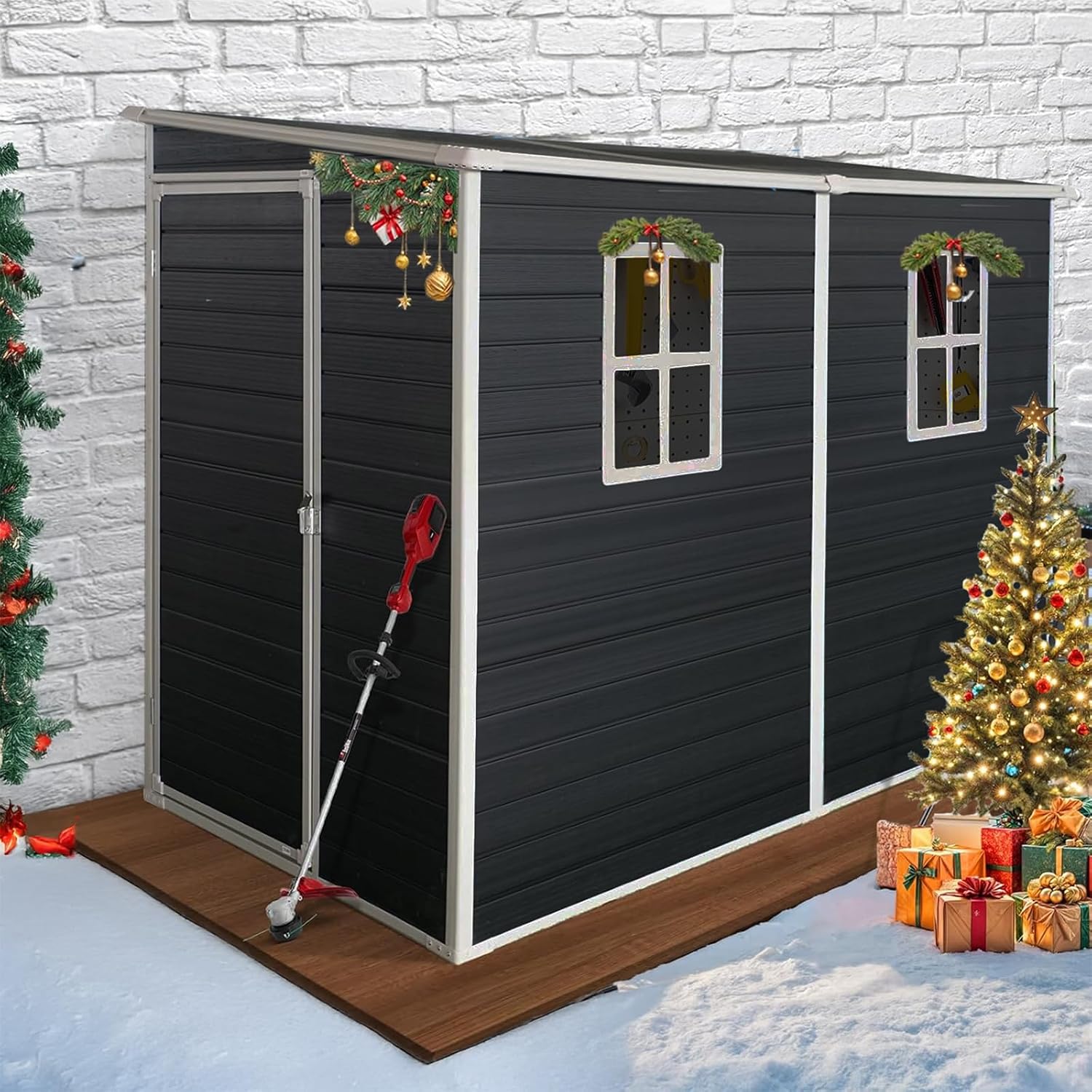 4x8 Lean-To Resin Storage Shed With Floor - Outdoor Garden Shed With 2 Windows, Black/Grey