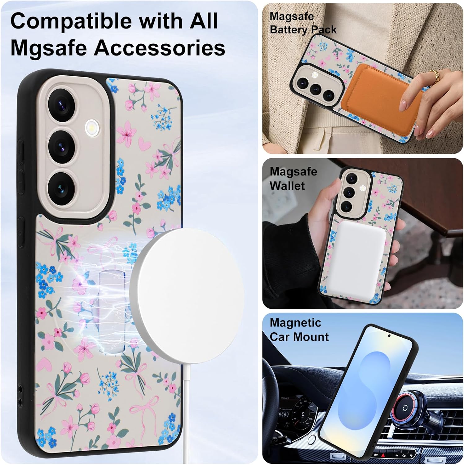 for Samsung Galaxy S25 Case, Finger Strap Kickstand[Compatible with MagSafe] Cute Pink Flower Heart Bowknot Print for Women Girls, Full Camera Protection Aesthetic Shockproof TPU,White
