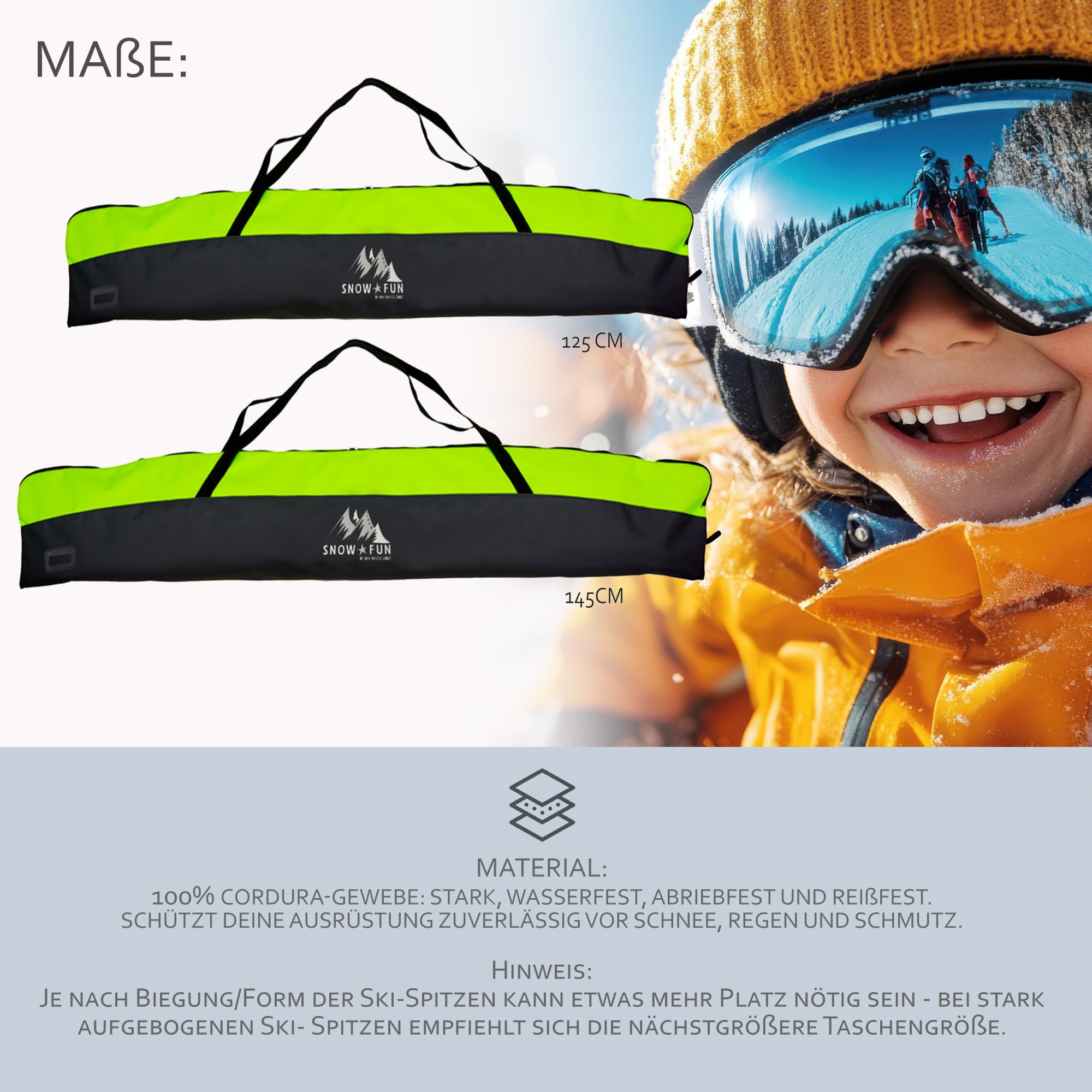 BAMBINIWELT Borsa da sci per bambini – Robusto sacco da sci in Cordura impermeabile per sci, bastoncini e guanti, con cerniera a 2 vie, campo nome e maniglie per il trasporto
