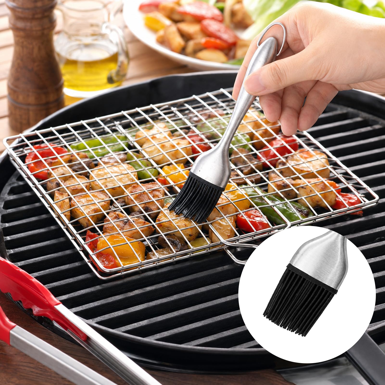 1 cestino per barbecue portatile in acciaio inox con pinza per alimenti e spazzola corta, accessori inossidabili, cestelli per grigliare, pinza pieghevole in rete con manico rimovibile per verdure