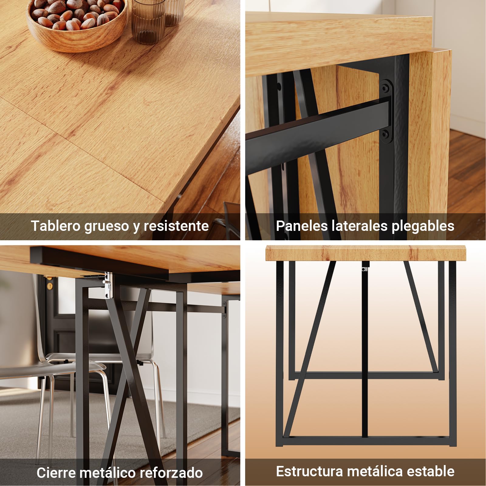 SoBuy Mesa Plegable y Extensible para 2-8, 65x(110-200) x76cm | Mesa de comedor ahorra espacio, tablero efecto madera estable y estructura metálica, para cocina, comedor y oficina, FWT113-N