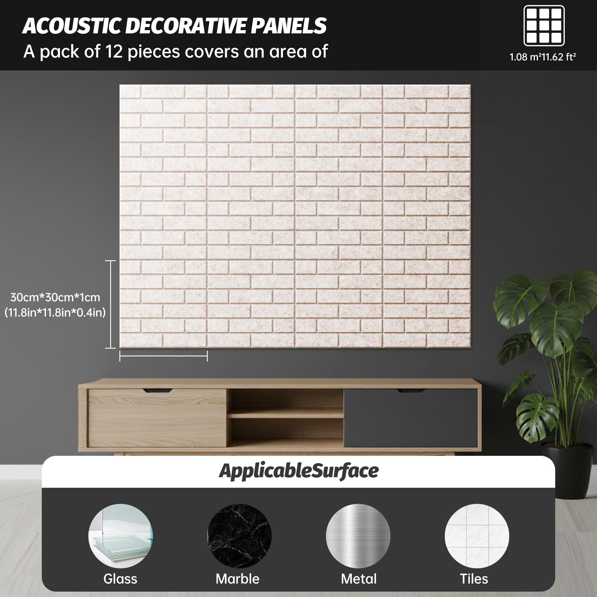 Pack of 12 acoustic carrés haute densité de 12"×12"×0.4", en forme de brique, adaptés pour le salon et toutes les surfaces murales. (Blanc) (Camel clair)