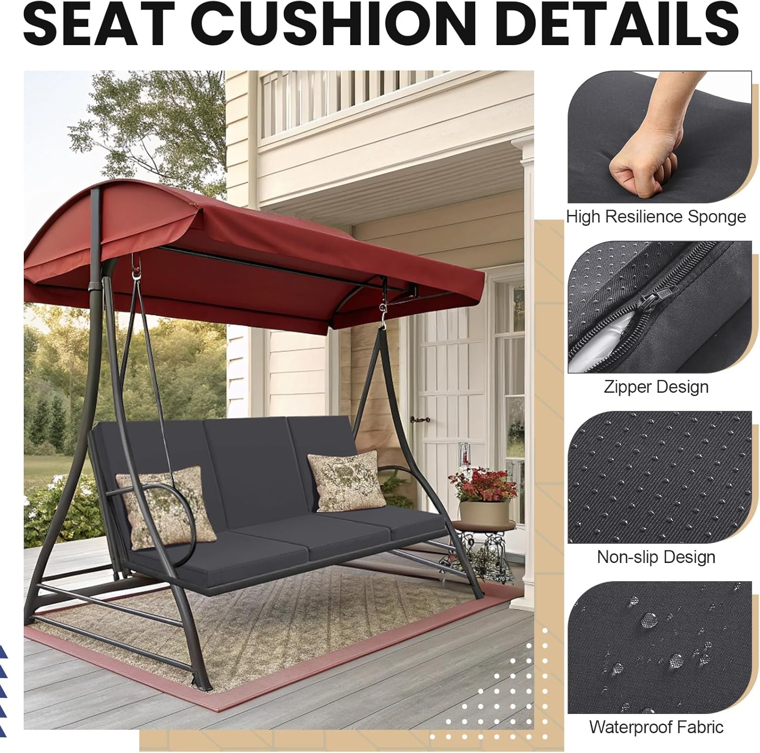Sintuff 3 Seat Outdoor Porch Swing Cushions, Water-Resistant Swing Cushions Replacement with Anti-Slip Design, Fade-Resistant Porch Bench Cushion Liner and Cover 2 in 1 for Patio Garden(Dark Grey)