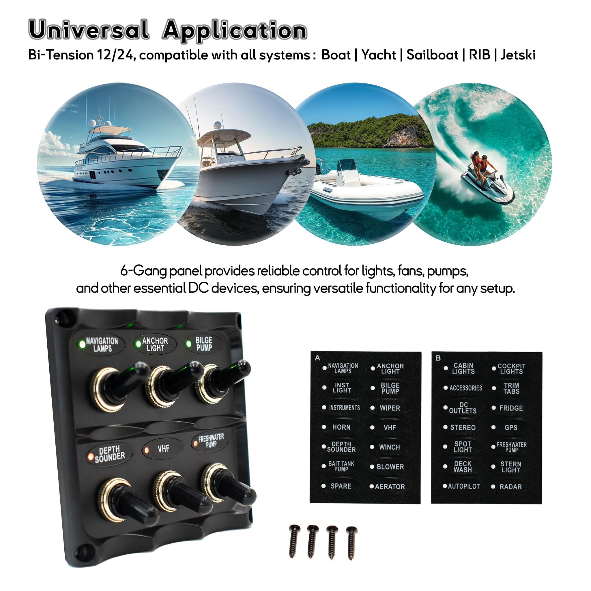 Panel de interruptor de 6 vías basculante con indicador LED impermeable IP66 12/24V Bi-color para barco, furgonetas, camping-Car (TSP6W)