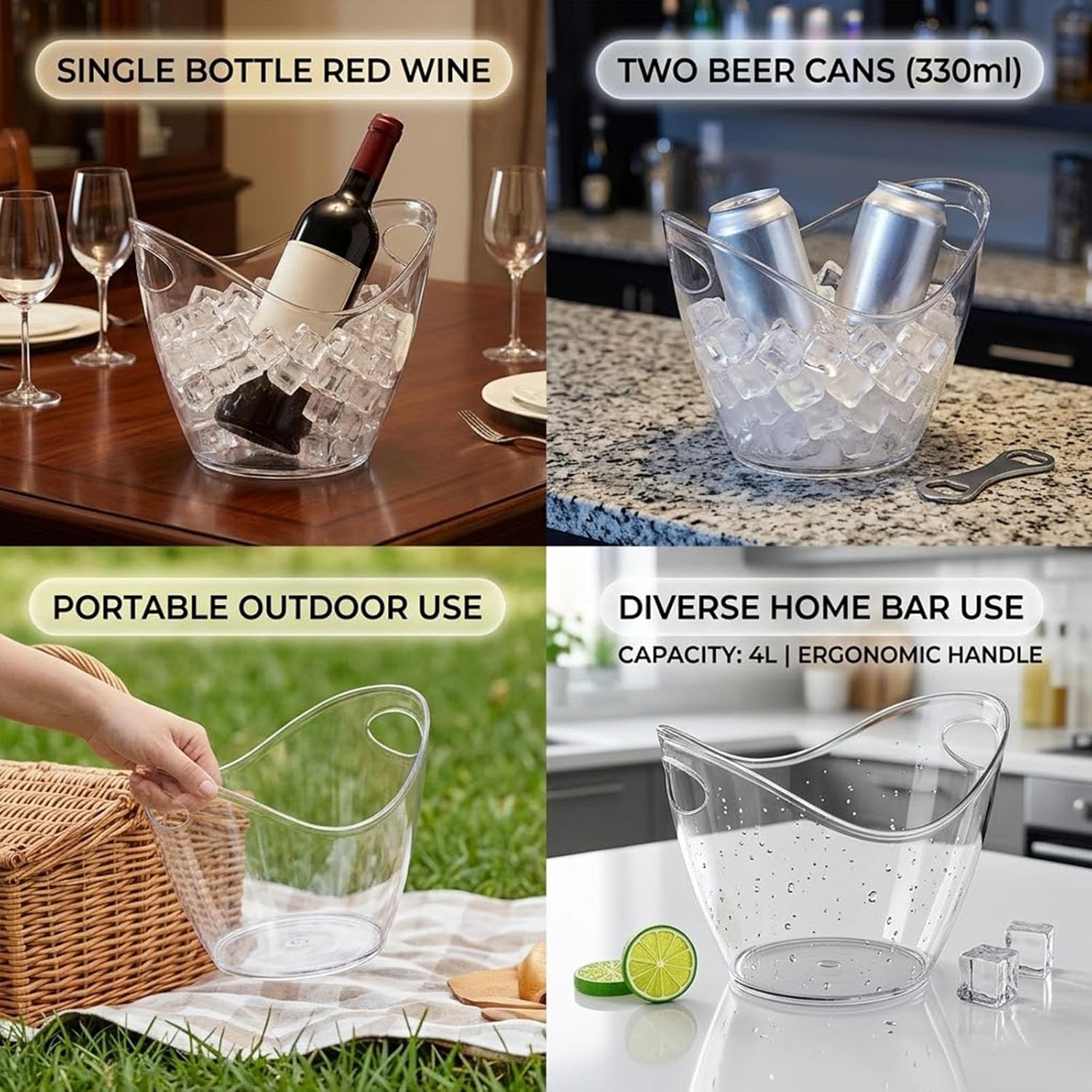 2 Pack 4L Clear Ice Bucket for Parties, Plastic Beverage Tub for Champagne Beer Wine, Mimosa Bar Supplies Drink Bucket for Cocktails & Events