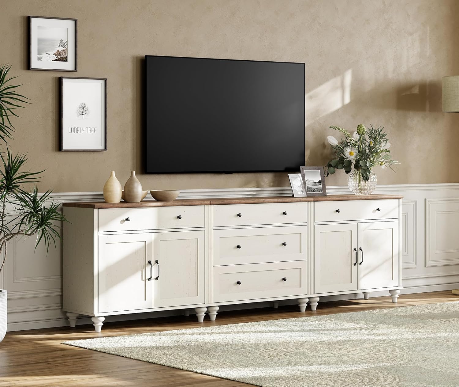 WAMPAT Farmhouse TV Stand for 100 Inch TV, 3-in-1 TV Console Table with 5 Drawers and 4 Doors, Entertainment Center for 75/80/85/90 Inch TV, Kitchen Sideboard Buffet Cabinet for Dining Room, White