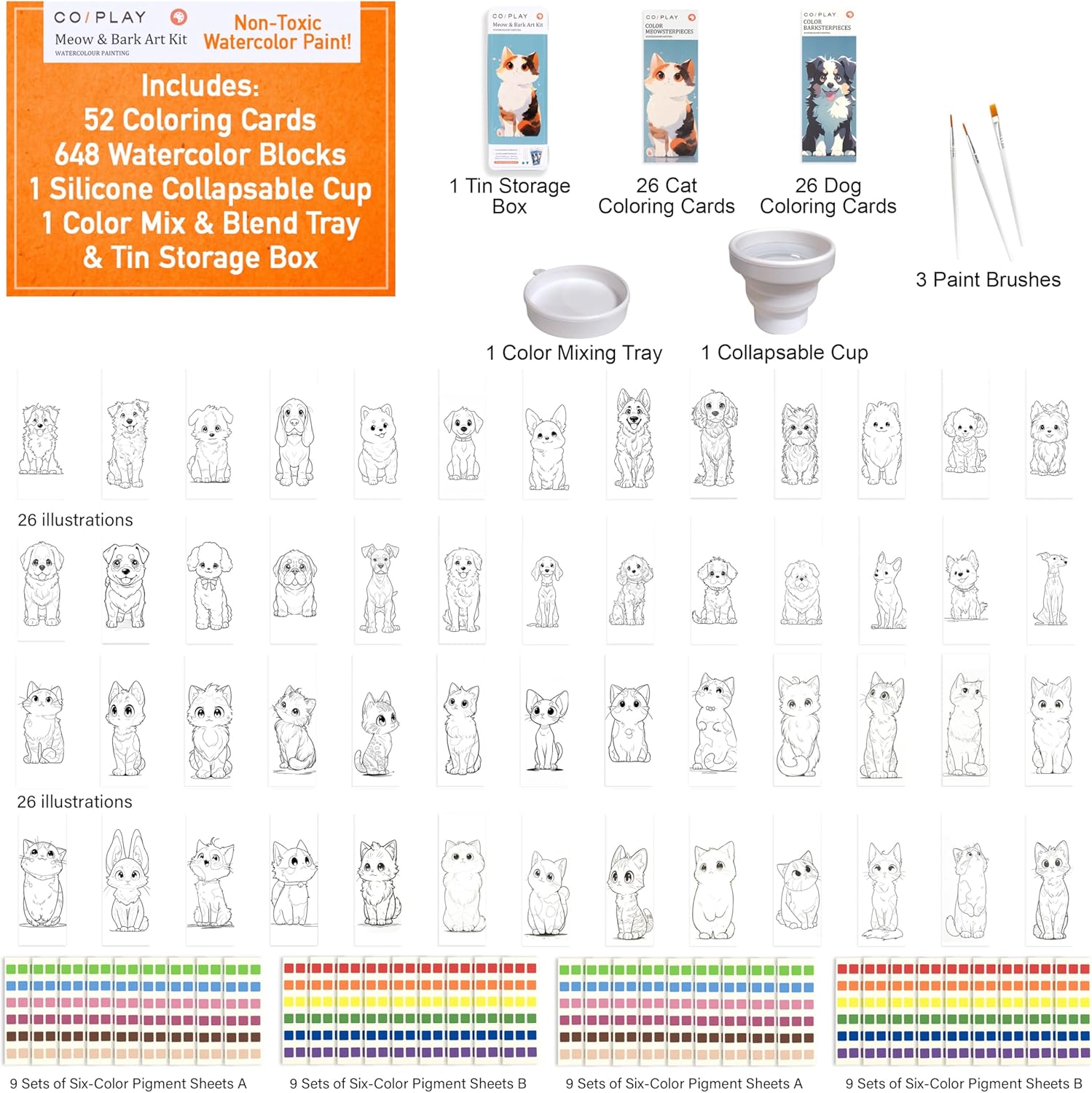 COIPLAY 648 Color Blocks Watercolor Paint Set, 52-Bookmarks, 3 Brushes, Silicone Cup, Meow/Bark Coloring Books, for All Ages, All in One Art Supplies, Birthday Gift, Christmas Gift, Gift for Adults Craft kit