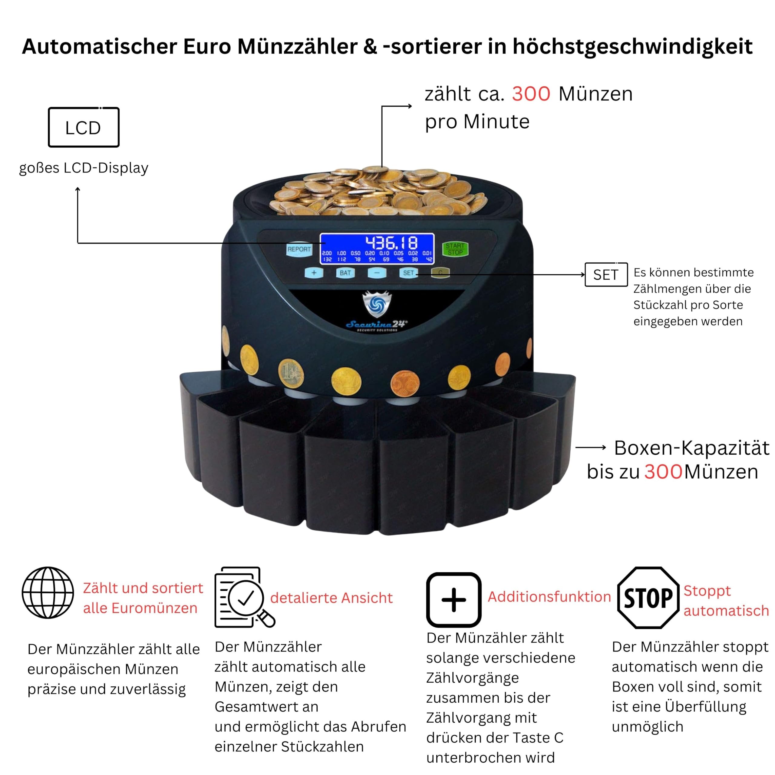 Securina24 Contador de monedas Euro SecuRina1200LCD (negro - BBB- LCD)