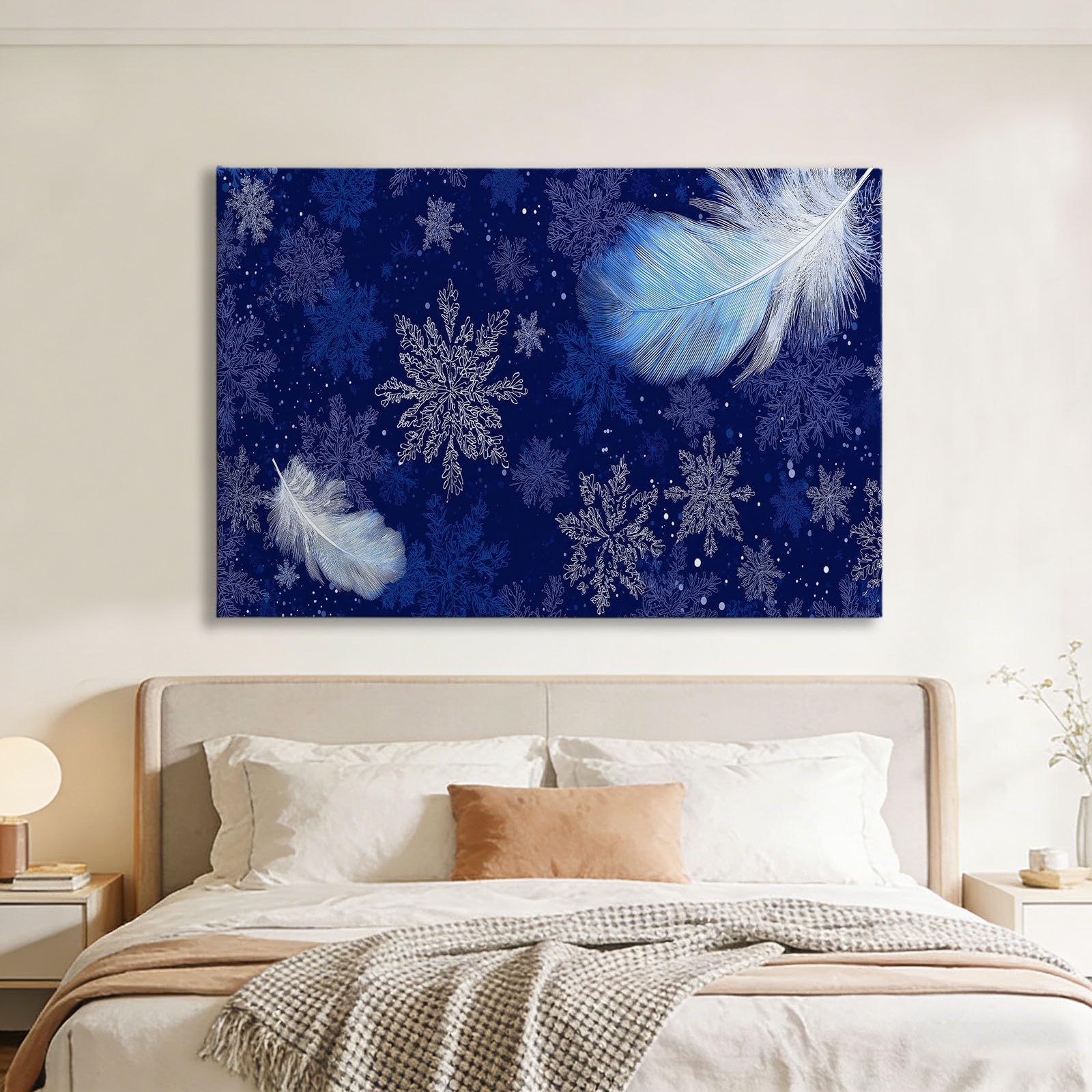 Genérico Obrazy dekoracyjne z ramą niebieskie pióra płatki śniegu 140 x 70 cm płótno ścienne 3D, obraz dekoracyjny do salonu sypialni łazienki kuchni korytarza, dekoracja domu