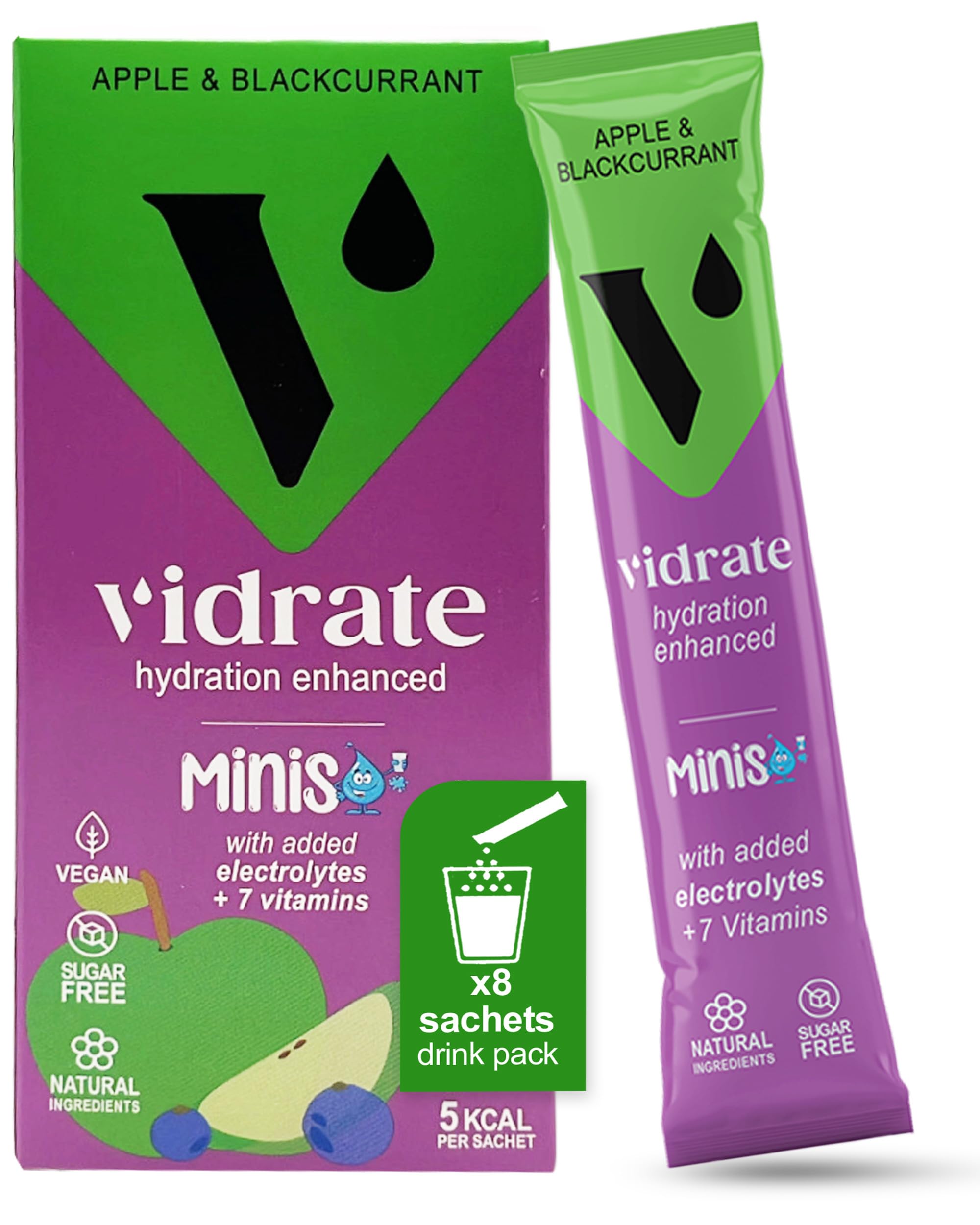 Electrolytes Powder Minis - Hydration Sachets with Vitamins & Electrolytes For Kids - Zero Sugar Hydration Powder No Artificial Sweeteners & Preservatives by ViDrate - Apple & Blackcurrant, 8 Sachets