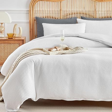 WARMDERN Waffle Knit Duvet Cover King, White Textured Duvet Cover Set