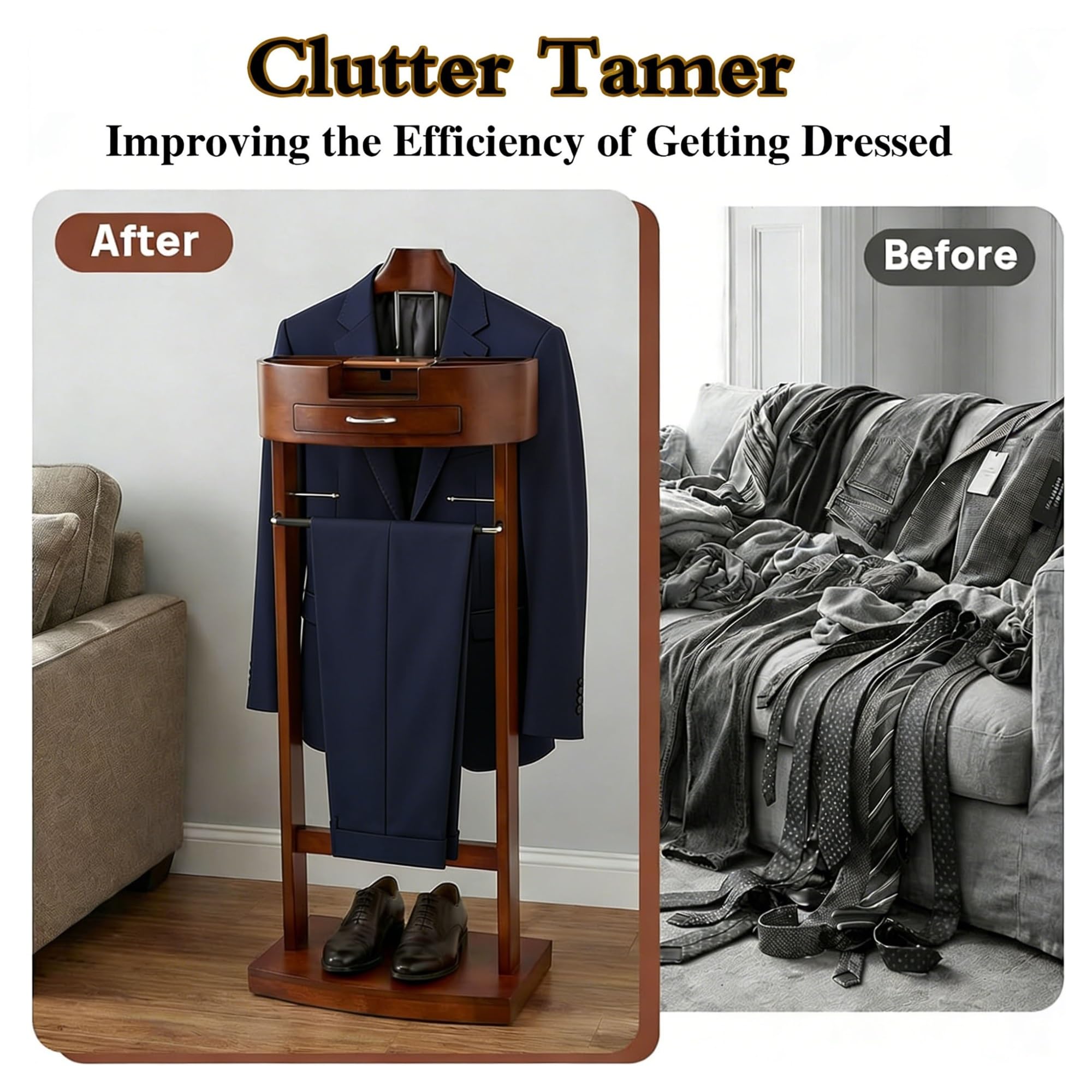 Slish Herrendiener aus Holz für Damen und Herren – Freending Suit Nizer mit Der, Tablett & Hosenstange – Ele Clothes Valet Stuhl für Schlafzimmer, Wohnzimmer & Büro (Braun)