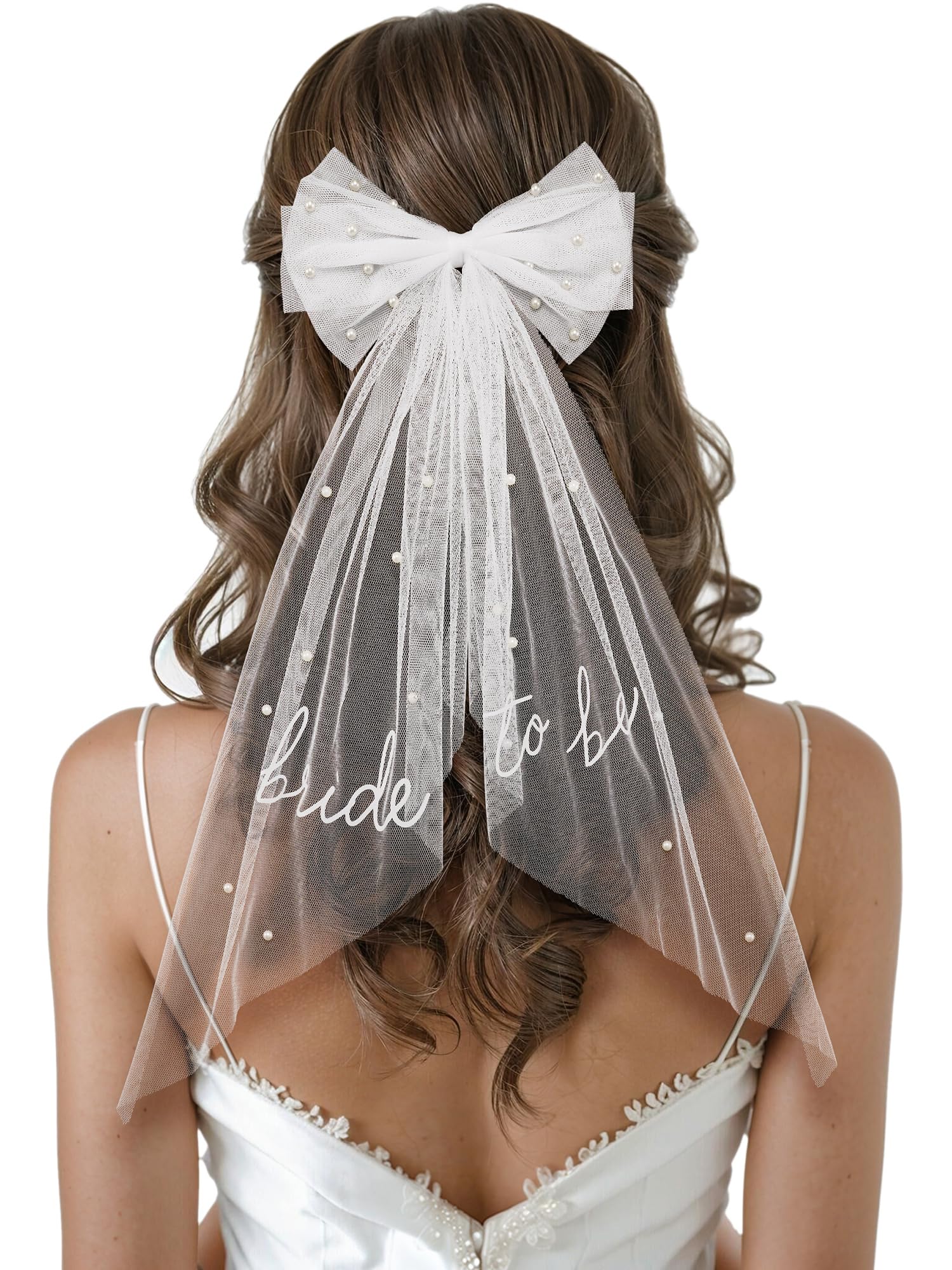SWEETV Bridal Hair Bow Veil White Bow Clip Bachelorette Party Decorations Pearl Accessories Bride to Be Bridal Shower Gift