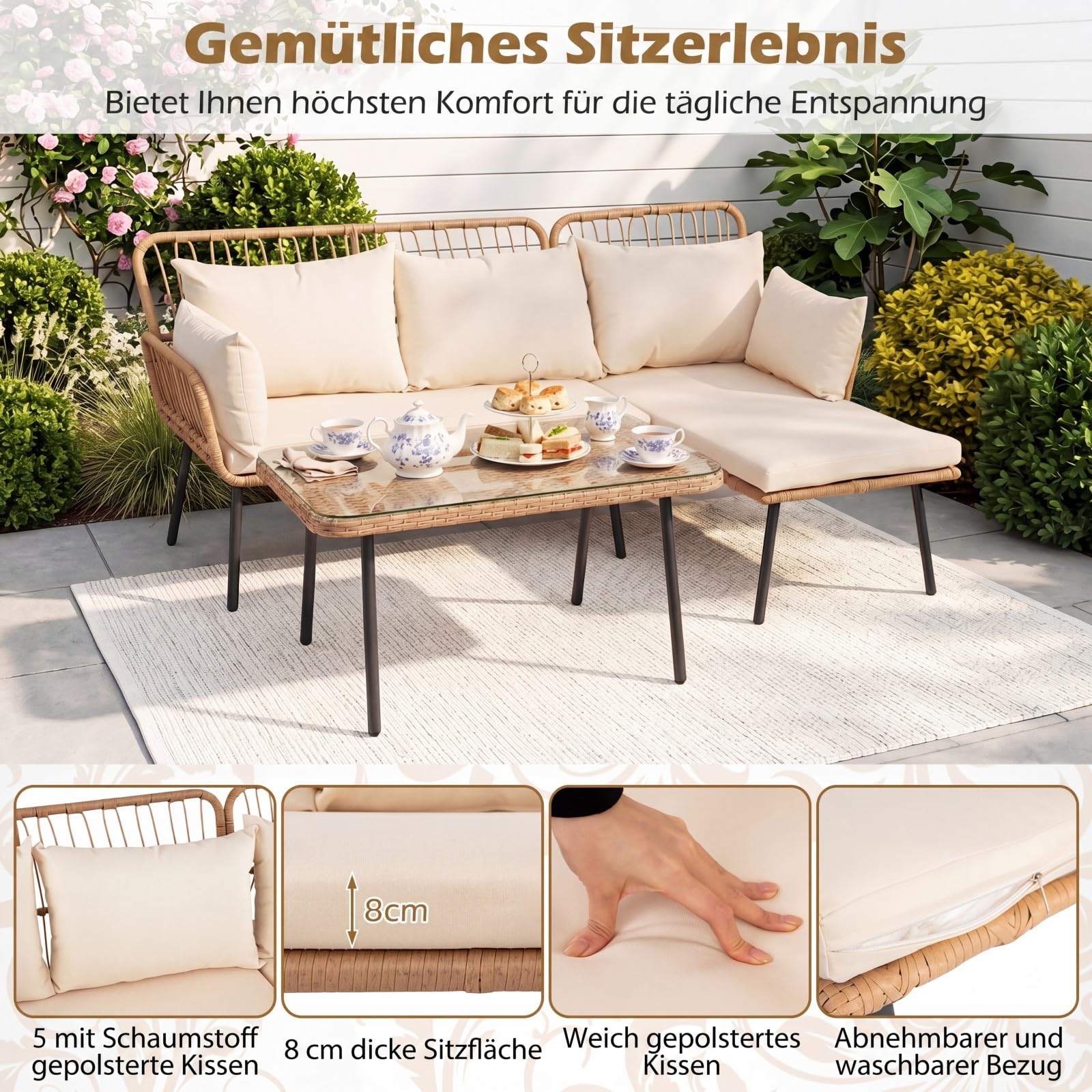 COSTWAY Lounge Möbel Outdoor, Polyrattan Gartenlounge mit Tisch und Kissen, Gartenmöbel Set, Balkonmöbel, Terrassenmöbel, Sitzgarnitur, 3-teilige Sitzgruppe für Garten, Balkon, Terrasse