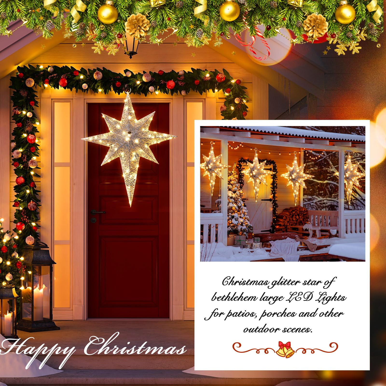Retisee Estrella de Belén con purpurina de Navidad de 24 pulgadas, luces LED grandes para exteriores, luces de Navidad para colgar al aire libre, estrella de Navidad iluminada para patio, porche