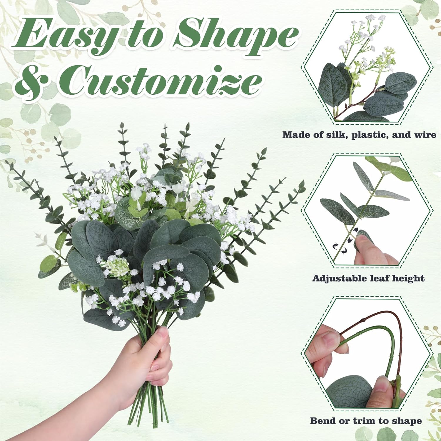 120 Pcs 5 Kinds Mixed Eucalyptus Leaves Stems Artificial Eucalyptus Leaves Bulk Silver Dollar Faux Greenery Picks for Wedding Vase Bouquet Centerpieces Decor