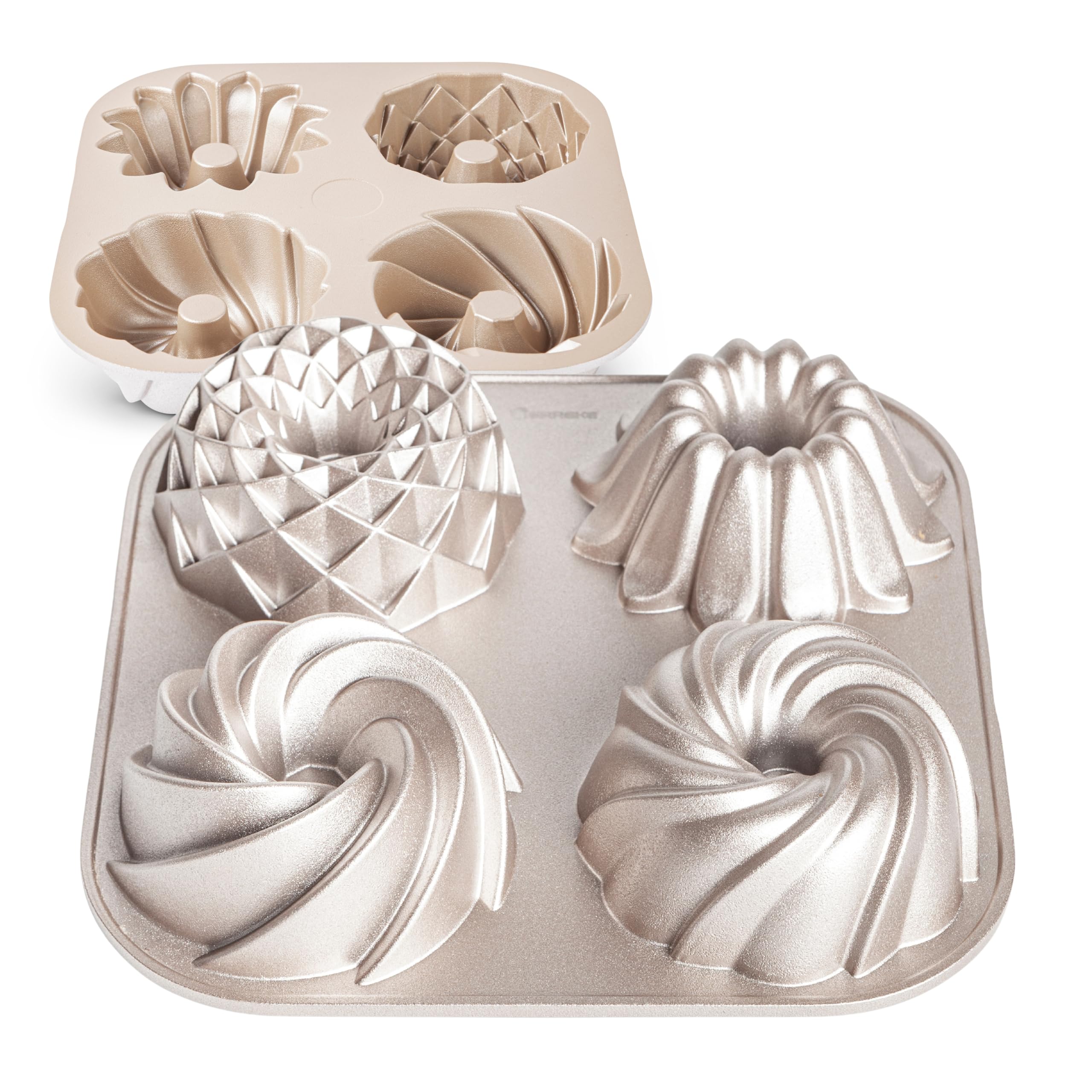 Erreke Stampo Torta Forno, Stampo Ciambella, Doppio Rivestimento Antiaderente, Alluminio Pressofuso Resistente, Cottura Uniforme, Pasticceria, Colore Oro Rosa, 4 Mini Torte, Tetrad