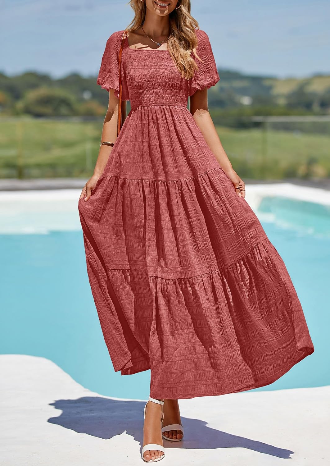 PRETTYGARDEN Womens Summer Puff Short Sleeve Maxi Dress Square Neck Smocked Tiered Ruffle A Line Long Flowy Beach Dresses - Image 3