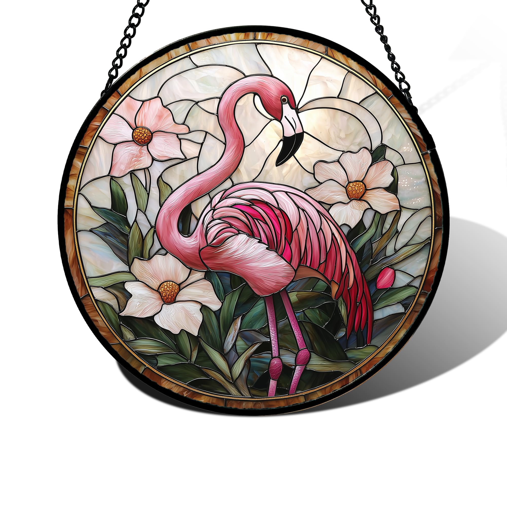 DASTOLL Stained Glass Window Hanging, Flamingo Flower Sun Catchers Diamond Glass Panel Hangings Pink Suncatcher Decor for Birthday for Women, Men, Wife, Aunt, and Mom 11.8x11.8 in — image 1