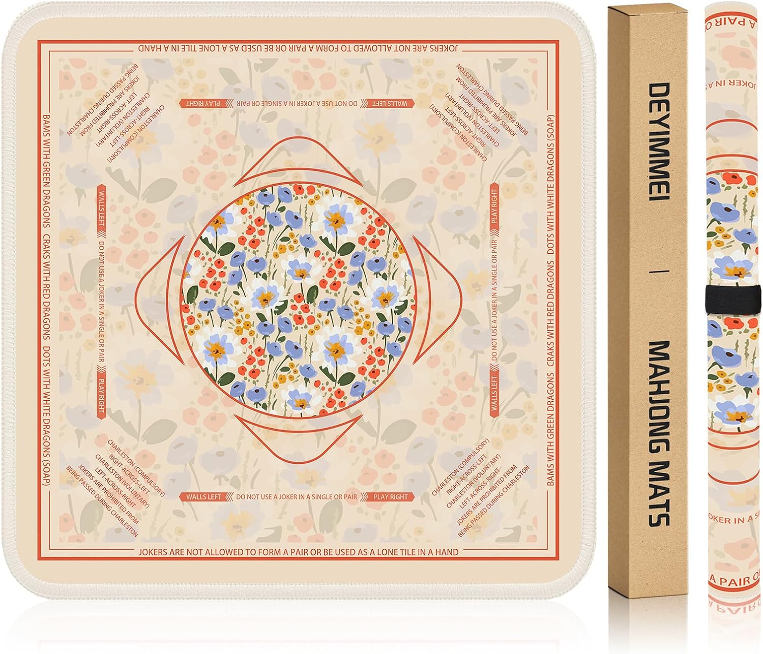 Deyimmei Neoprene Mahjong Mat for Table 31.5"x31.5" - Non-Slip, Noise Reduction Cover with Storage Pockets, American Rules & Crease-Free Rolled Shipping (Pastel Bouquet)