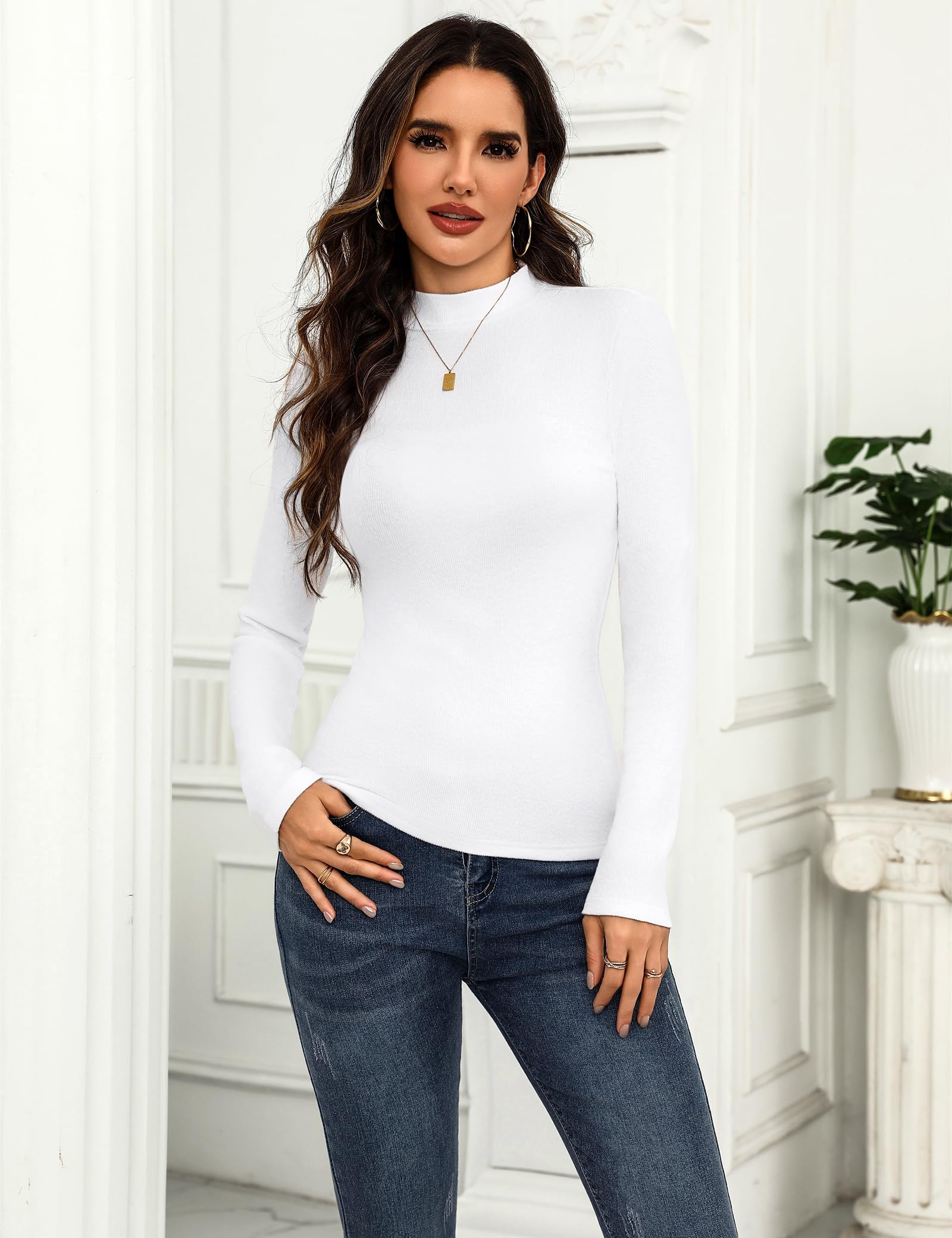 Aottori Maglia Donna con Collo Alto Cotone a Coste Tshirt Maniche Lunghe Slim Fit Maglietta Peluche Interna Termica Top Basic Bianca Primavera Autunno Inverno S-XXL