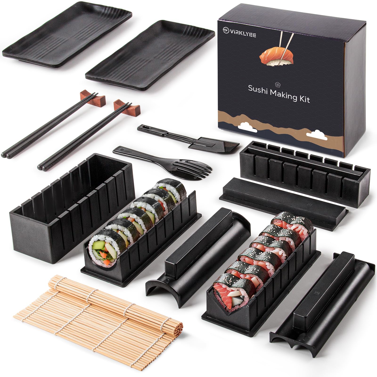 Sushi Maker - Kit di 17 stampi per sushi riso, rotolo per sushi con 8 forme con kit fai da te, sushi piatti, rotoli di bambù e bacchette (nero)