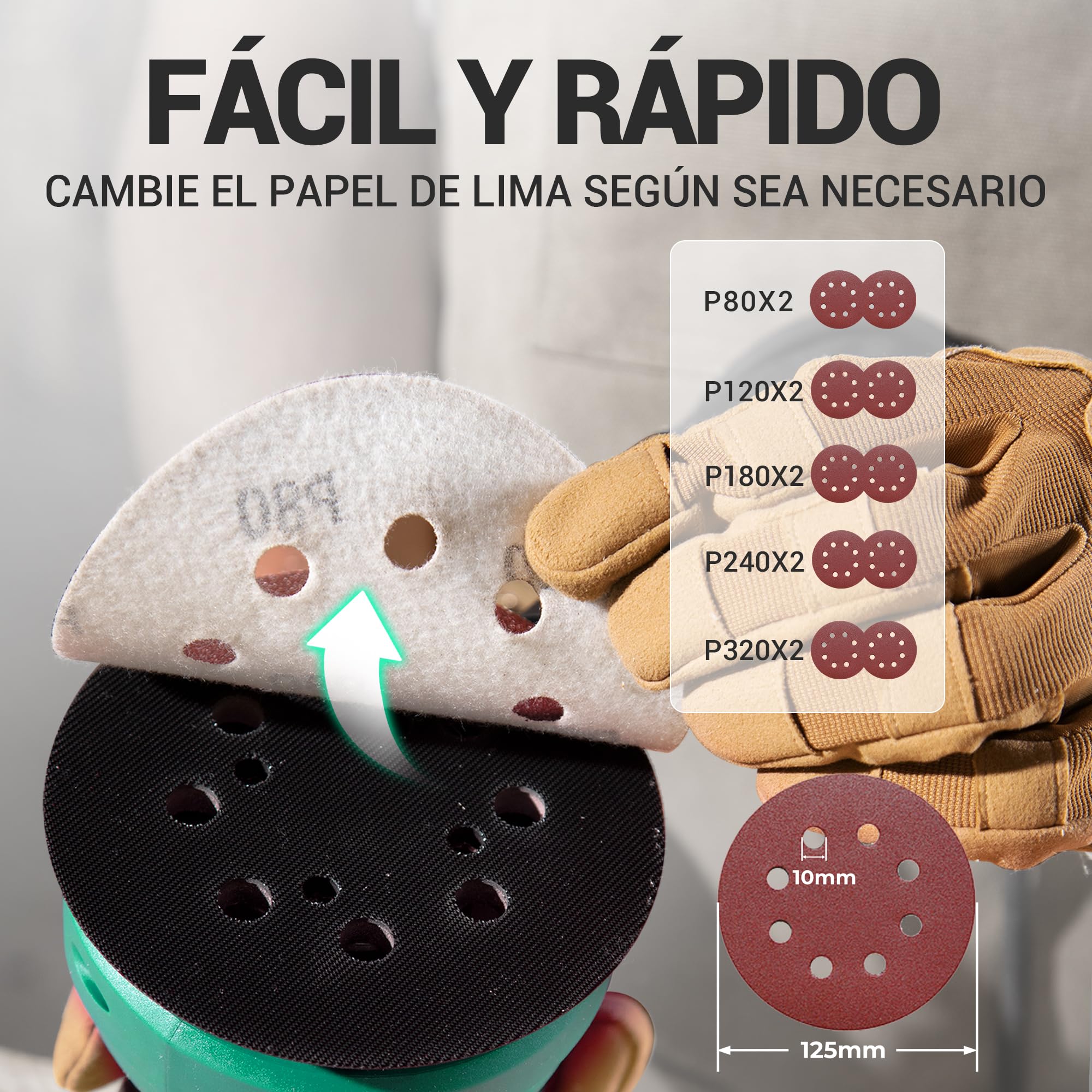 DCA Lijadora Orbital 300W, 6 Velocidades 12000RPM Lijadora Madera, Lijadora Eléctrica con Recogida de Polvo, 10psc 125MM Lija para superficies de madera y acero, lijado y pulido de madera, DIY