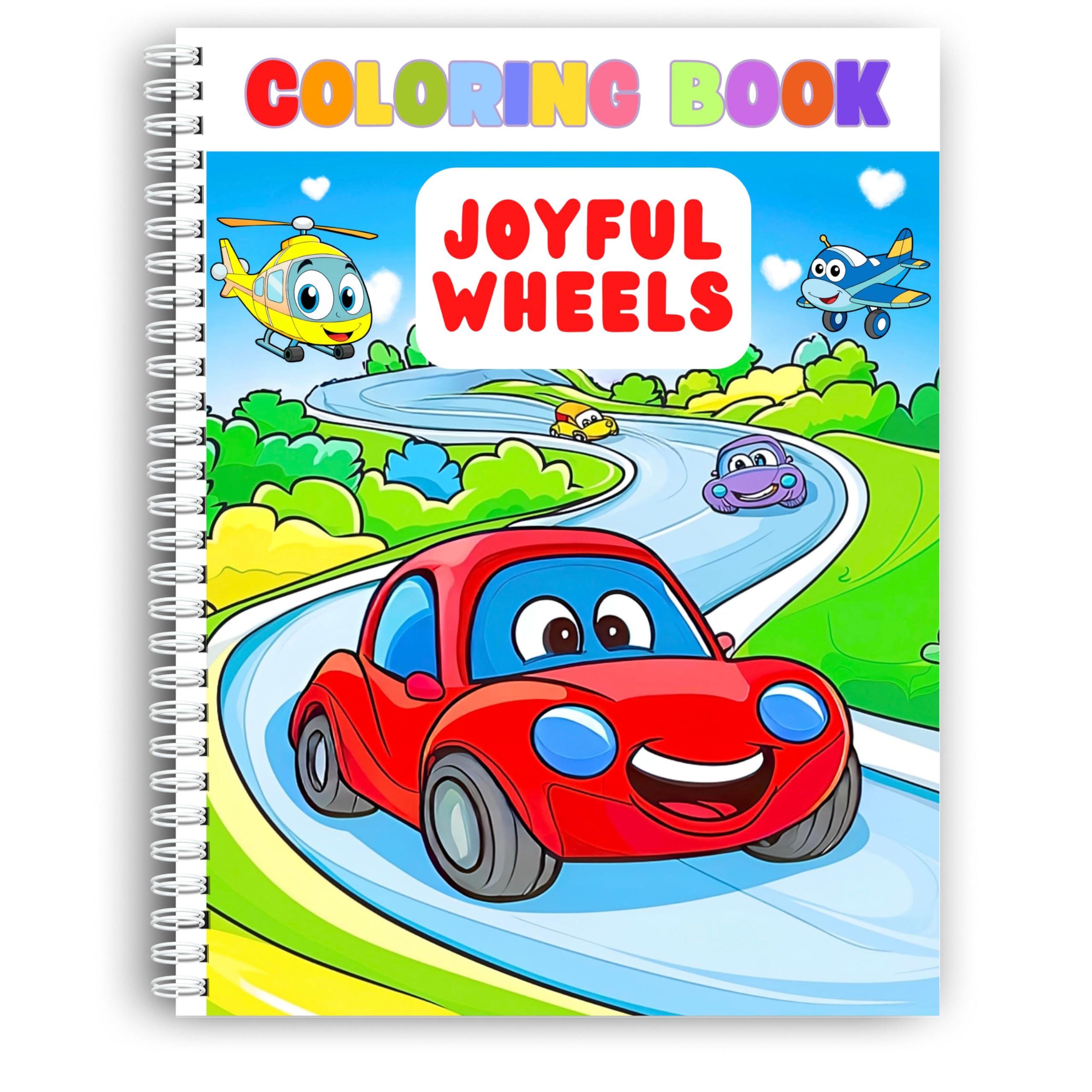 Pagine da colorare, Libro da colorare - Ruote gioiose per bambini, rilegatura a spirale, adatto per ragazzi e ragazze, veicoli sorridenti, Avventura da colorare. Carta spessa 199 g/m², Dimensioni del
