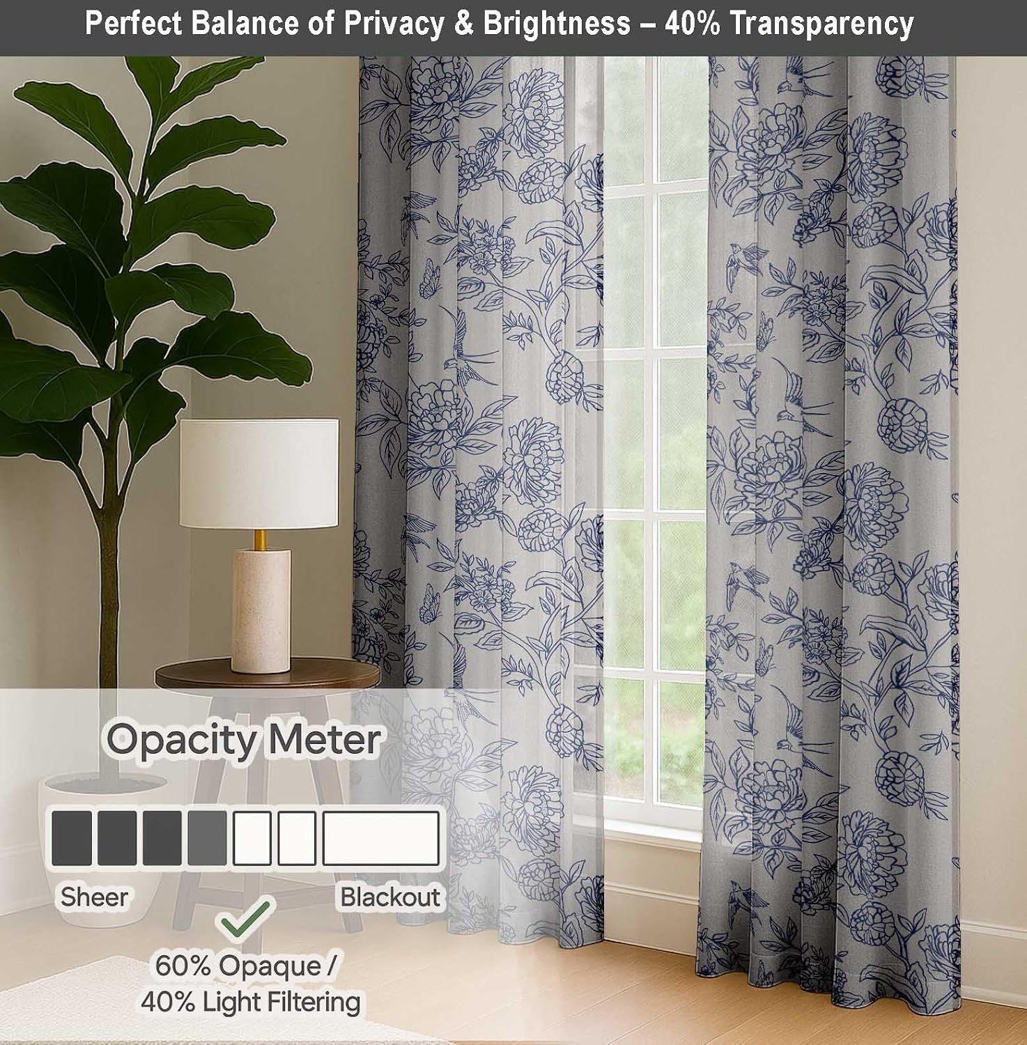 Cotton Curtains for Windows - 3-in-1 Rod Pocket/Back Tab Short Window Drapes - Light Filtering Cotton Canvas Panels - Set of 2, 52"x63" - Leaves Print (Gray)