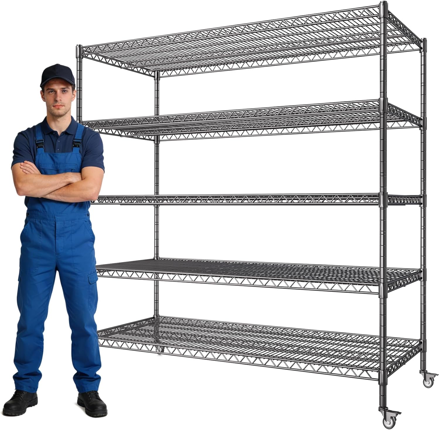 60” W Storage Shelves with Wheels,5 Tier Wire Shelving Heavy Duty,Adjustable Shelving Units,Garage Storage Shelves,3500LBS Metal Shelving,for Pantry,Kitchen,Warehouse,Rolling Shelf,60”W×24”D×72”H