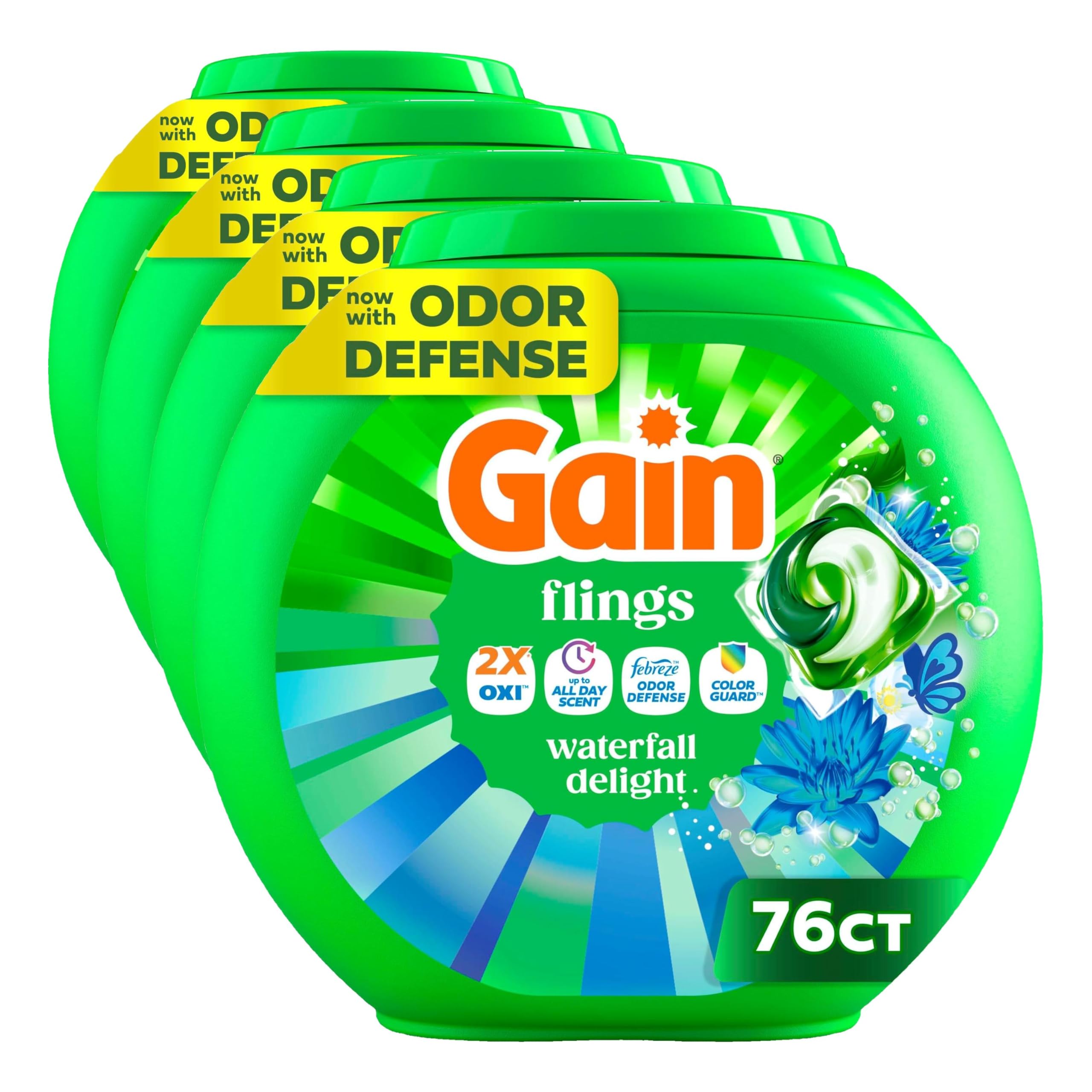 Gain Flings Liquid Washing Detergent Pods, Now with Odor Defense + Color Guard, Waterfall Delight Scent, 4-In-1 liquid laundry detergent pacs, clean &amp; fresh, (Packaging May Vary), 76 Count (Pack of 4)