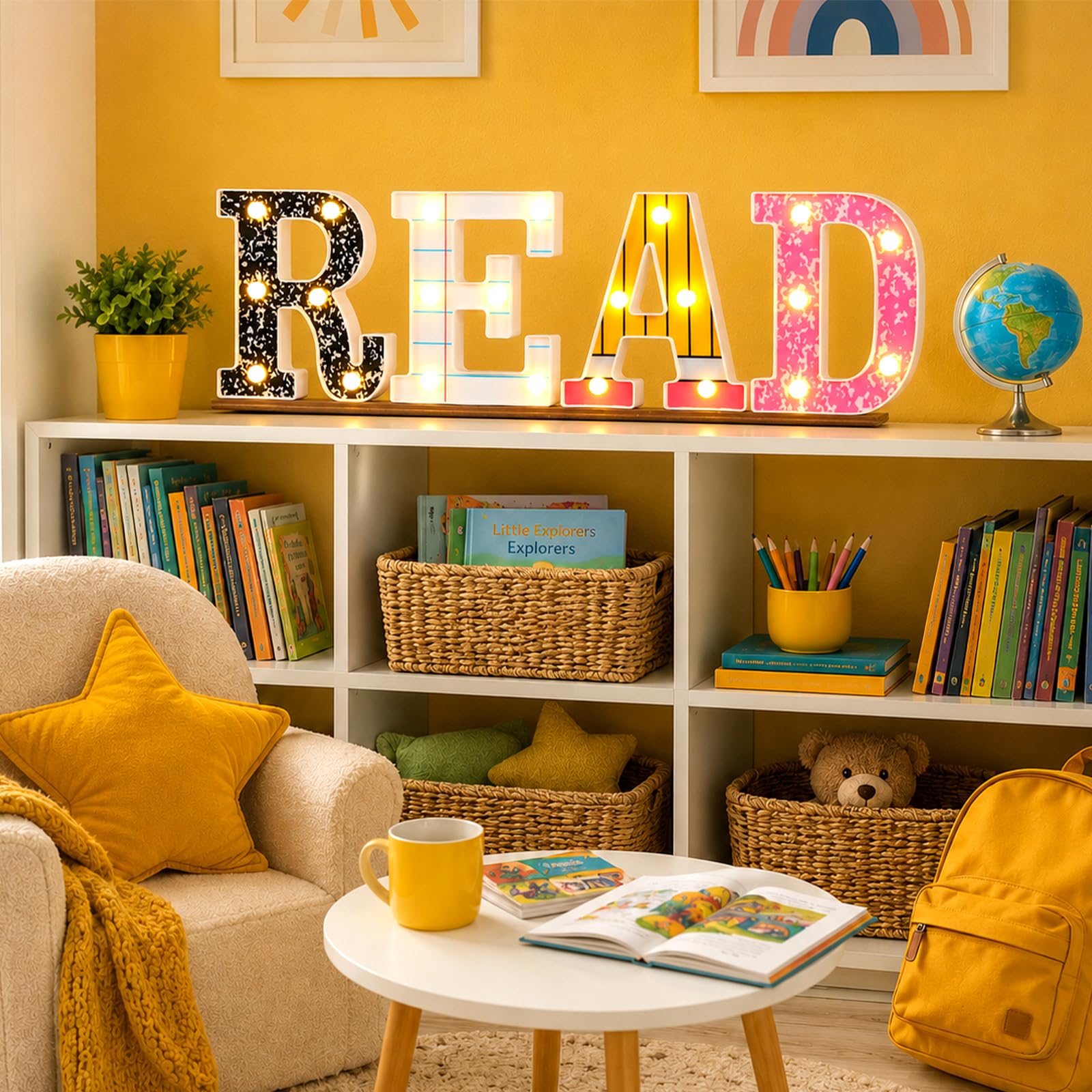 Yaomiao 4 decorazioni per angoli di lettura per aule letture marquee LED lettere segni composizione notebook matita lettere decorazione da parete biblioteca angolo decorazione per aule elementari