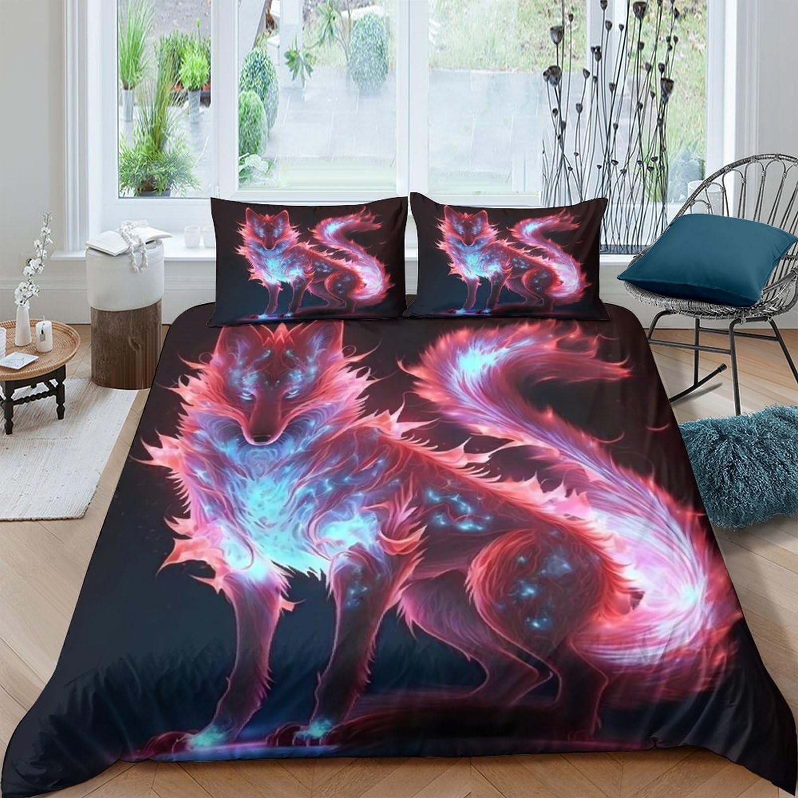 GPLZQXKJNH 3D Printed Fantasy Fox Duvet Cover Microfiber Soft Breathable Cosmic Fire Bedding Set with 2 Pillowcases for Bedroom Decor Single（135x200cm）