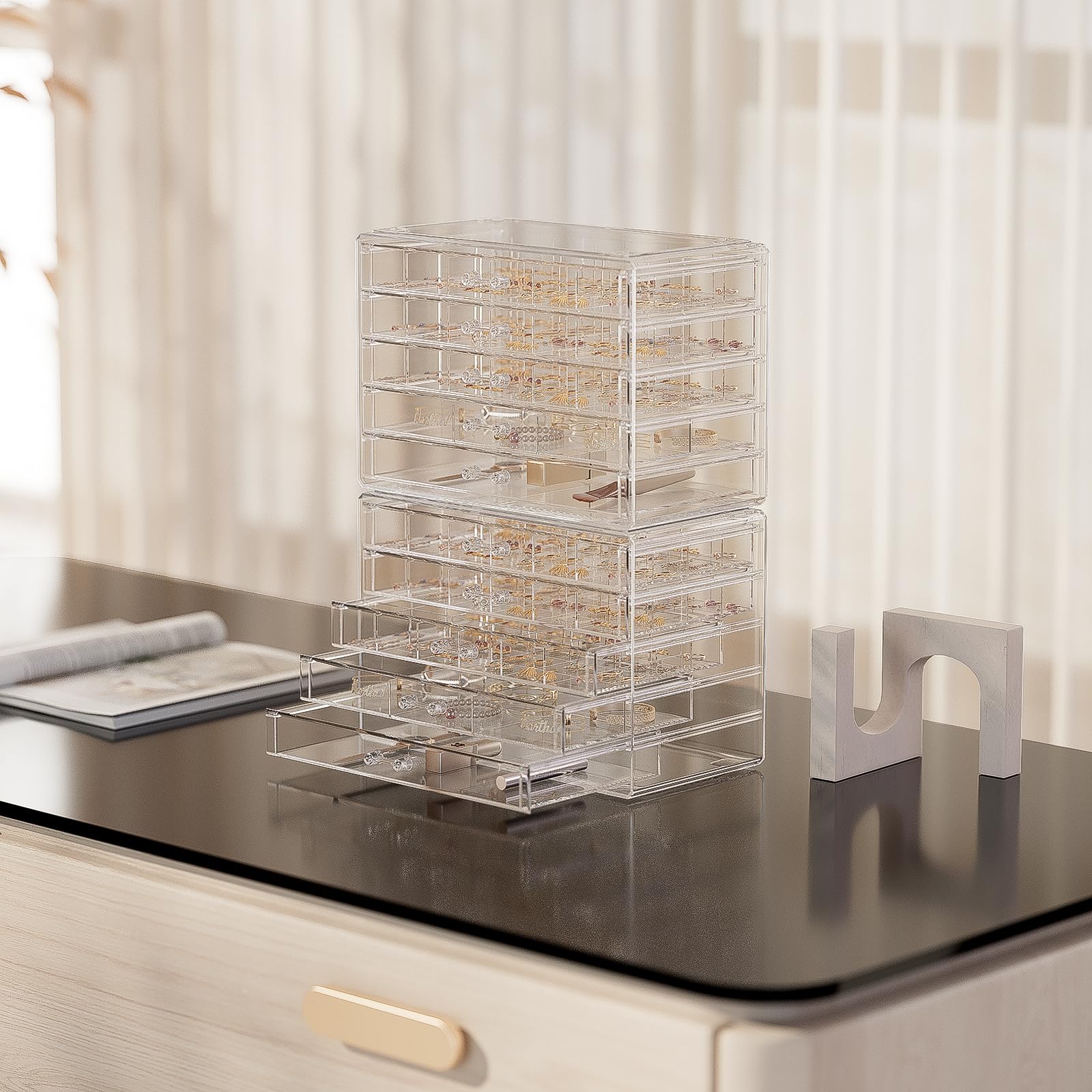 ProCase Organizador para Joyas Transparente de Acrílico, Caja de Joyería Estuche con Cajones Apilables para Pendientes Anillos Pulseras y Collares para Mujeres -10 Pisos
