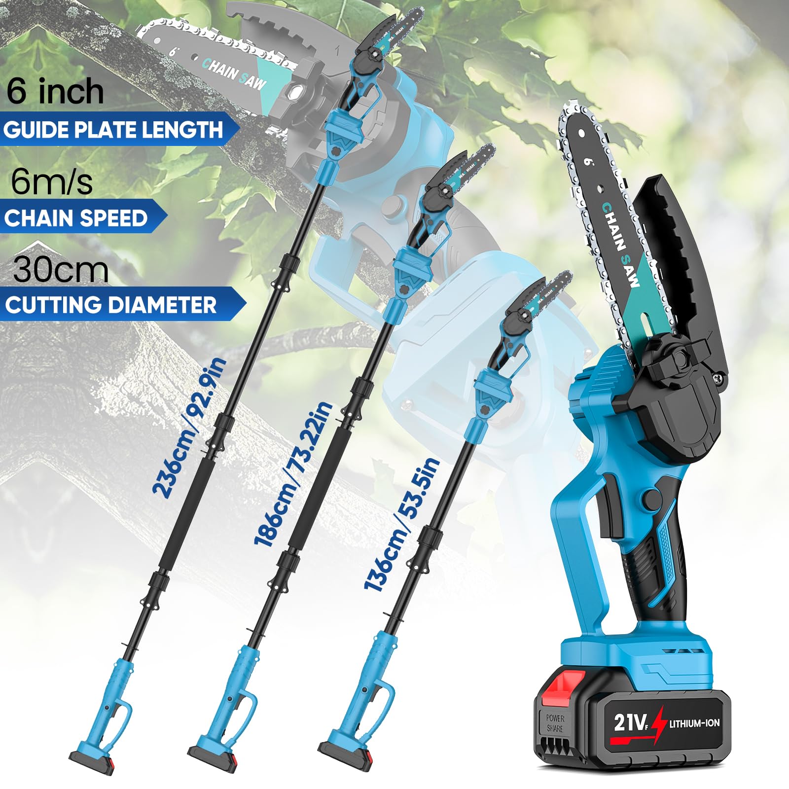Kouamor Mini motosega telescopica a batteria da 6 pollici, con batteria da 4,0 Ah, 2 in 1 senza spazzole, sistema di olio automatico, serbatoio dell'olio da 30 ml, lunghezza di lavoro fino a 2,36 m (2