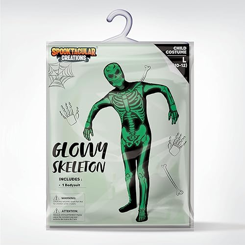 Miniatura 6 de Spooktacular Creations Disfraz de esqueleto para niños, body con capucha de esqueleto negro que brilla en la oscuridad para niños y niñas