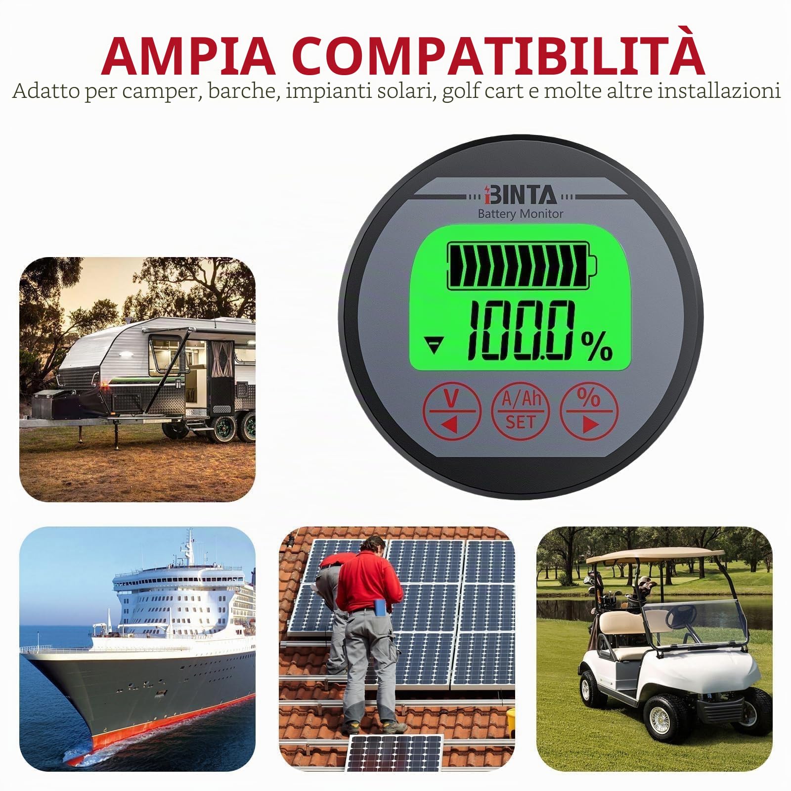 BINTA Monitor Batteria,Retroilluminato Indicatore di Livello della Batteria 8-120V 500A Tensione Impermeabile per Camper/RV/Auto/Barche/Solare con 3m Cavo Schermato,linea Positiva