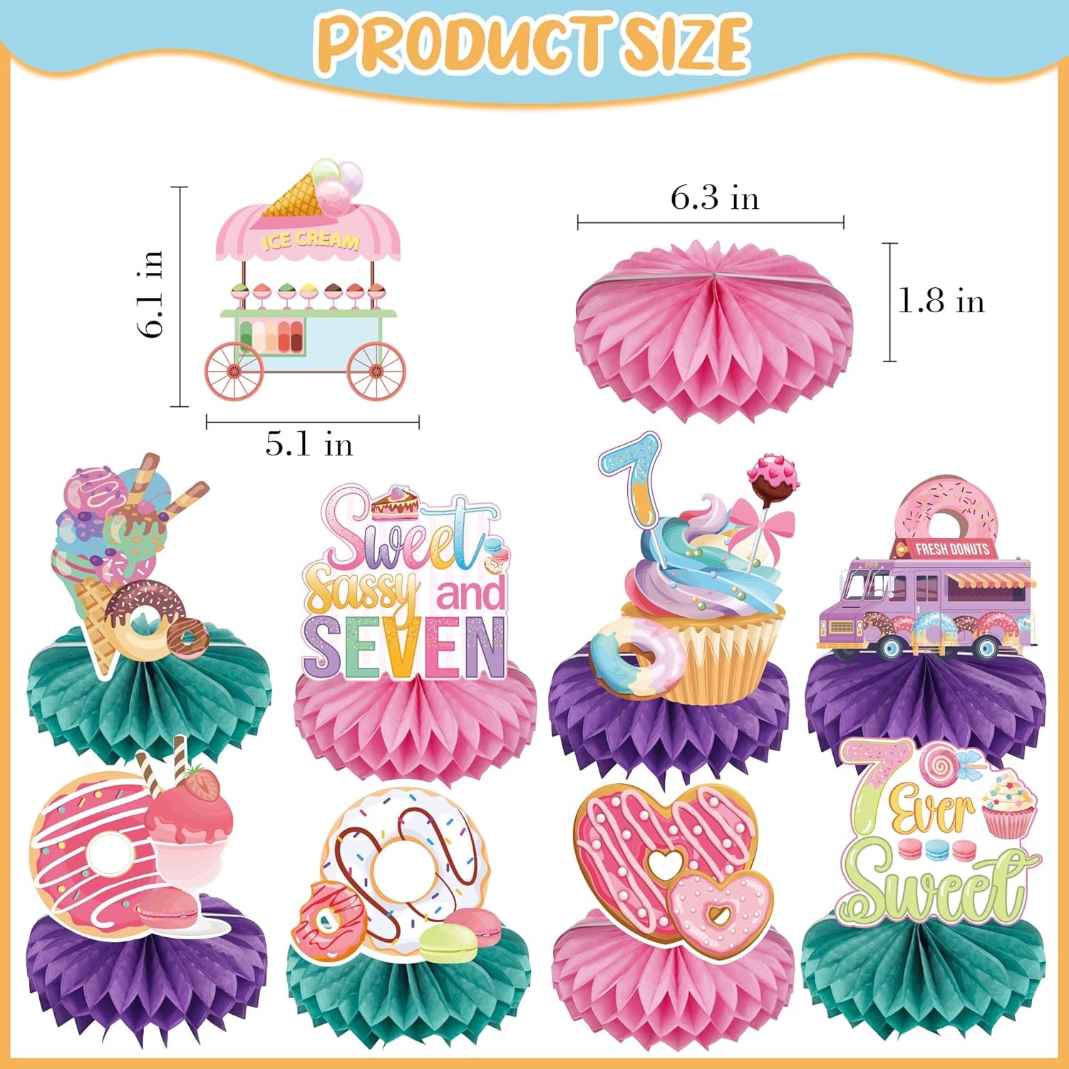 Sweet Sassy Seven Birthday Decorations - 9 Pcs Honeycomb Table Decoration Centerpiece 7th Girl Cute Forever Donut Ice Cream Themed Pattern Sets for 7 Years Old Girls Birthday Sweetheart Party Supplies