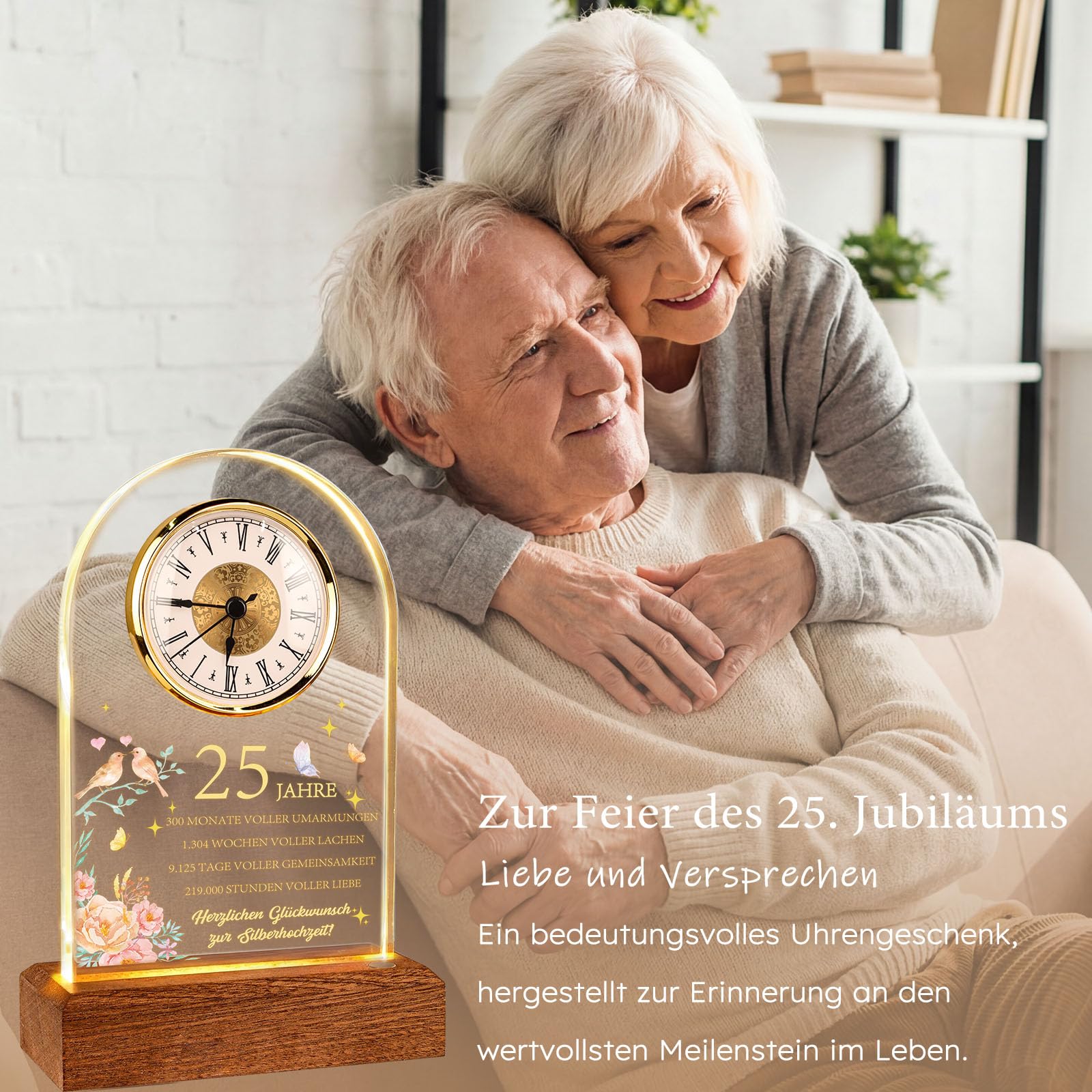 TUZELIYA Silberhochzeit Geschenke, Jahrestag Quarzuhr, 25. Hochzeitstag Geschenke mit Grußkarte und Umschlag, Schreibtischuhr, Hochzeitsgeschenke für Paare, Eltern, Großeltern