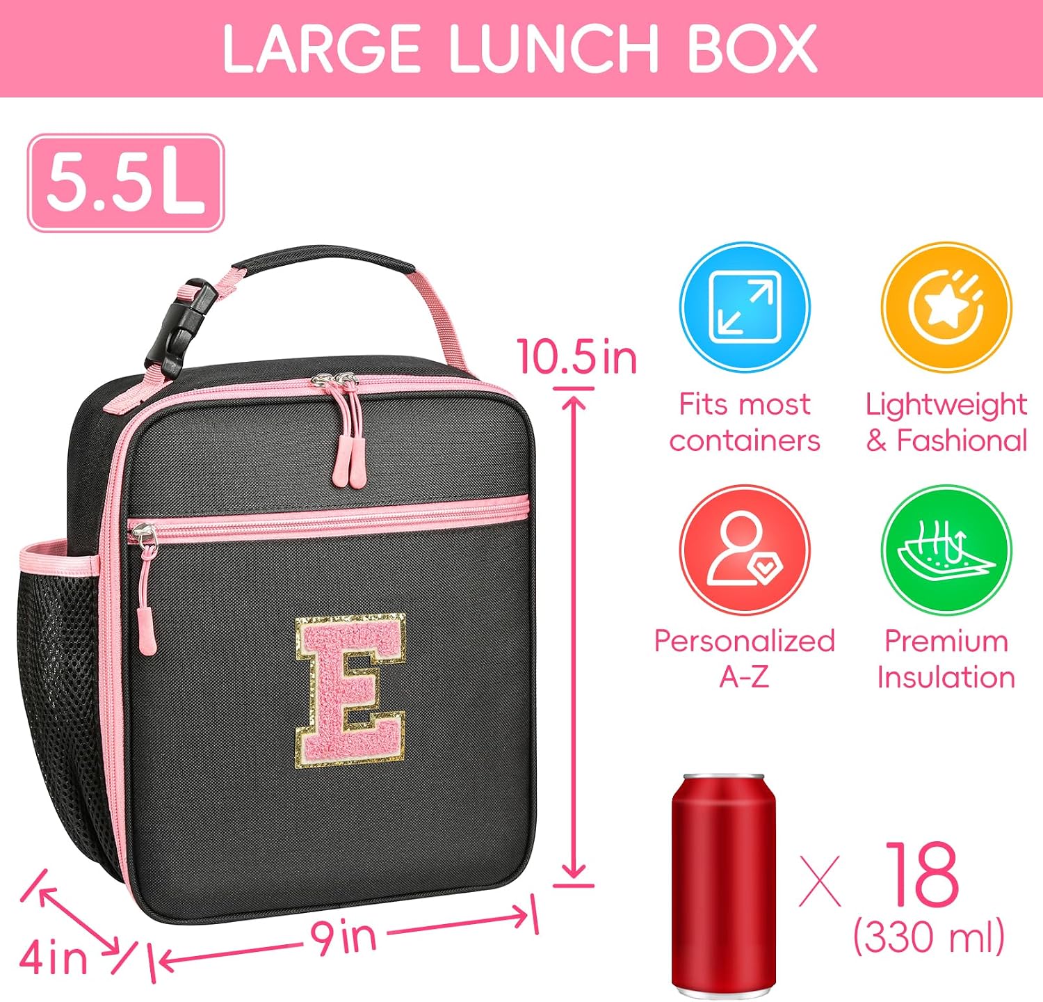 WOBAGMEN Initial Lunch Box for Women Girls,Insulated Lunch Bag with Monogram Letter,Cute Personalized Thermal Lunch Box for Teens Kids Adult for Work Camping Back to School Gift (pink, E) image 2